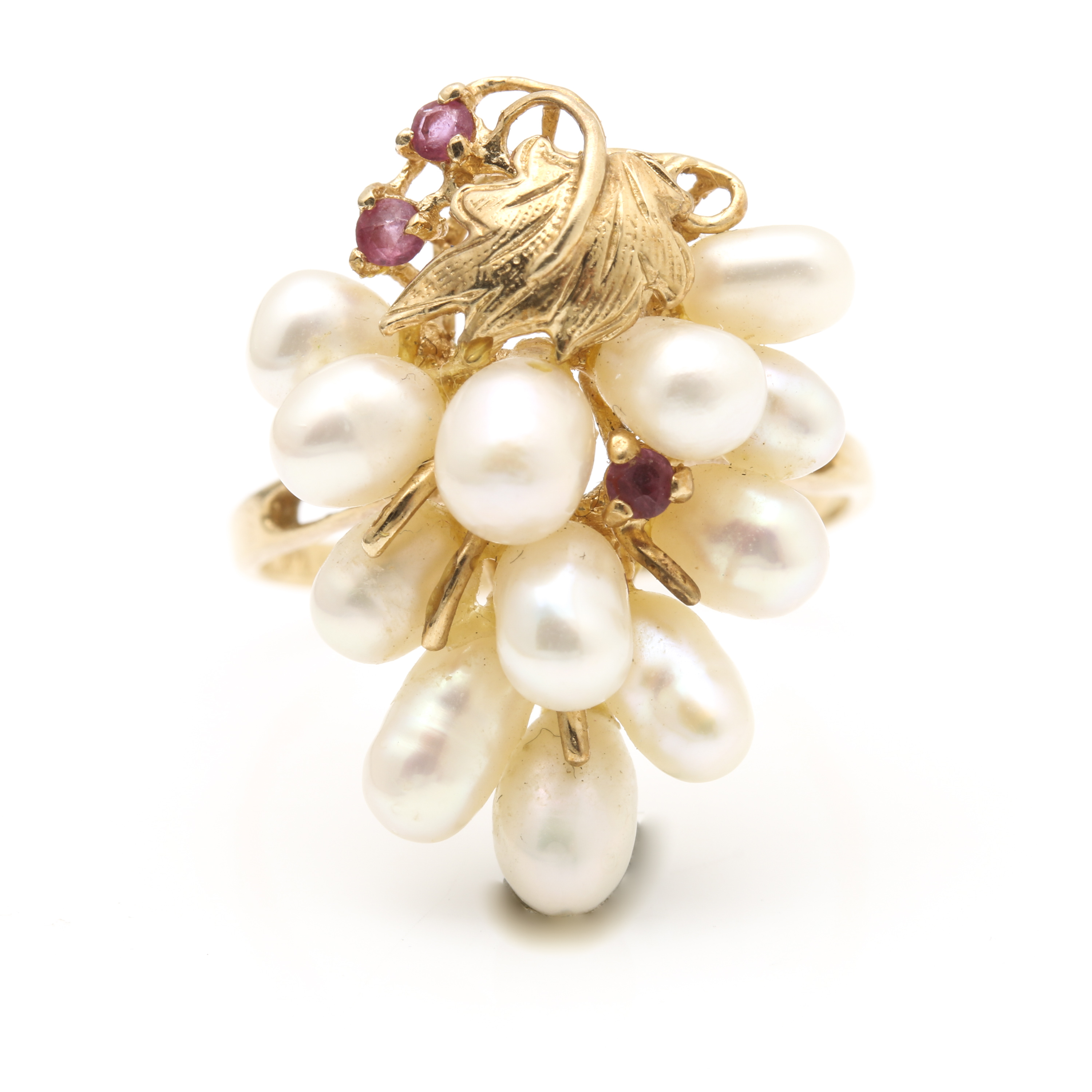 14K Yellow Gold Cultured Pearl and Ruby Foliate Ring