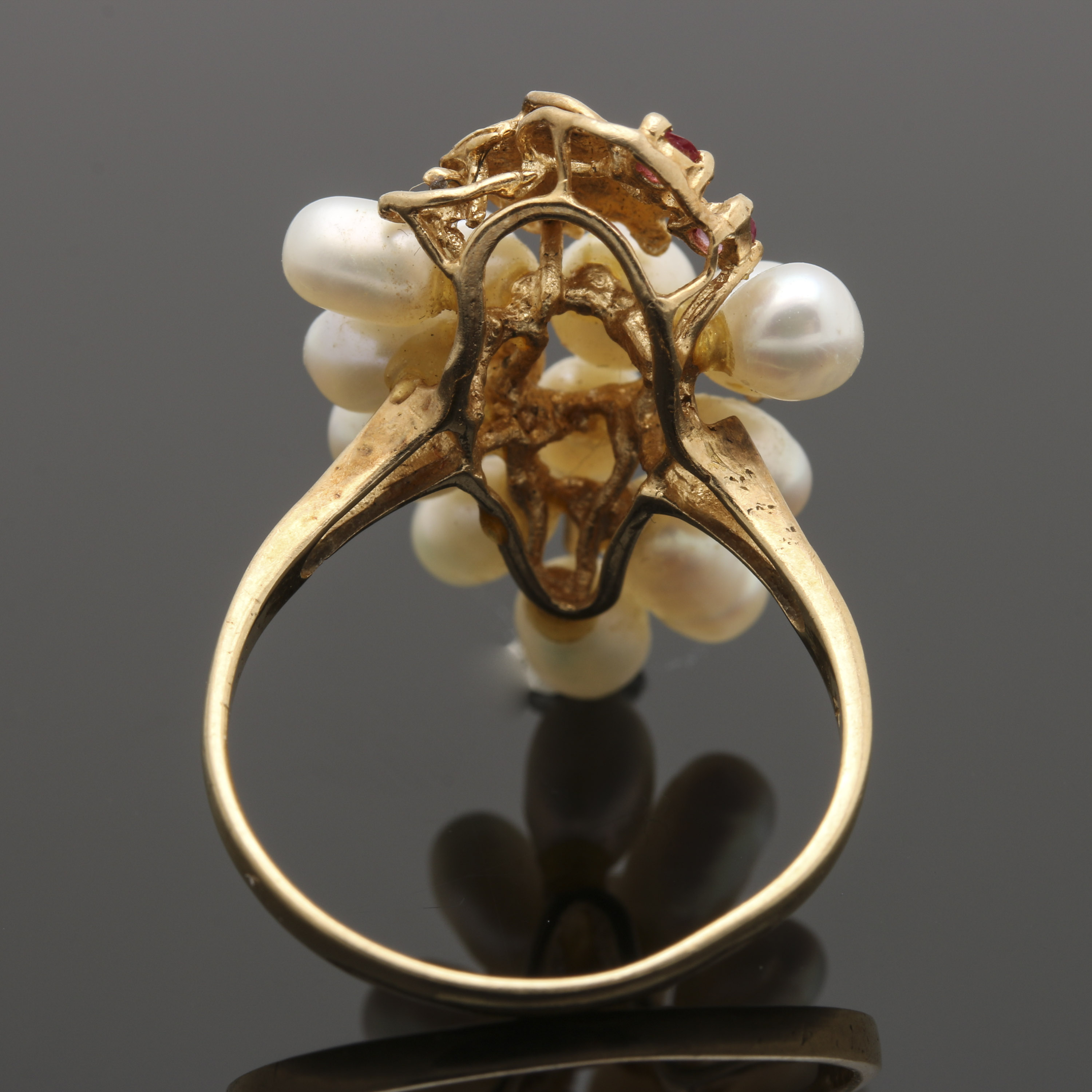 14K Yellow Gold Cultured Pearl and Ruby Foliate Ring