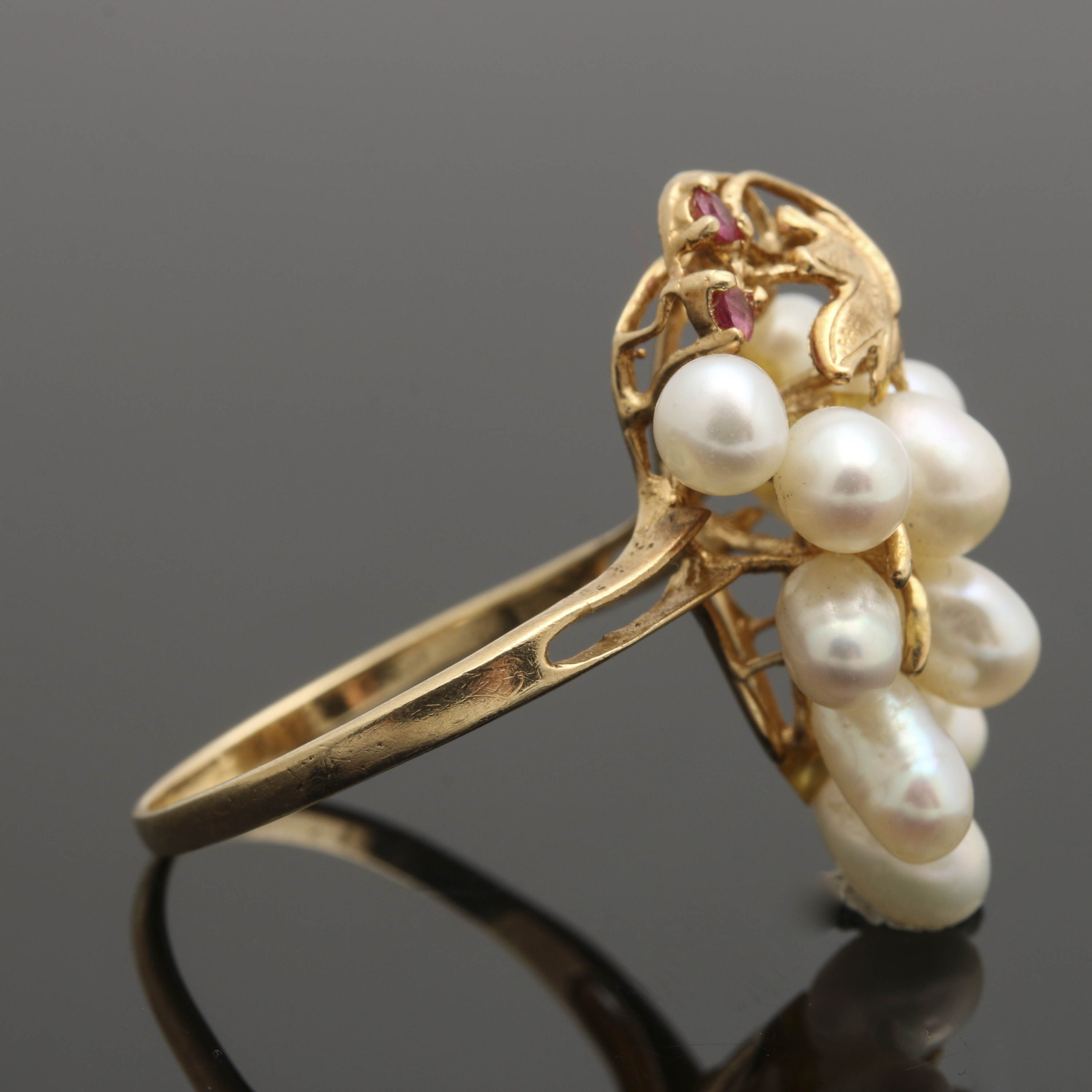 14K Yellow Gold Cultured Pearl and Ruby Foliate Ring