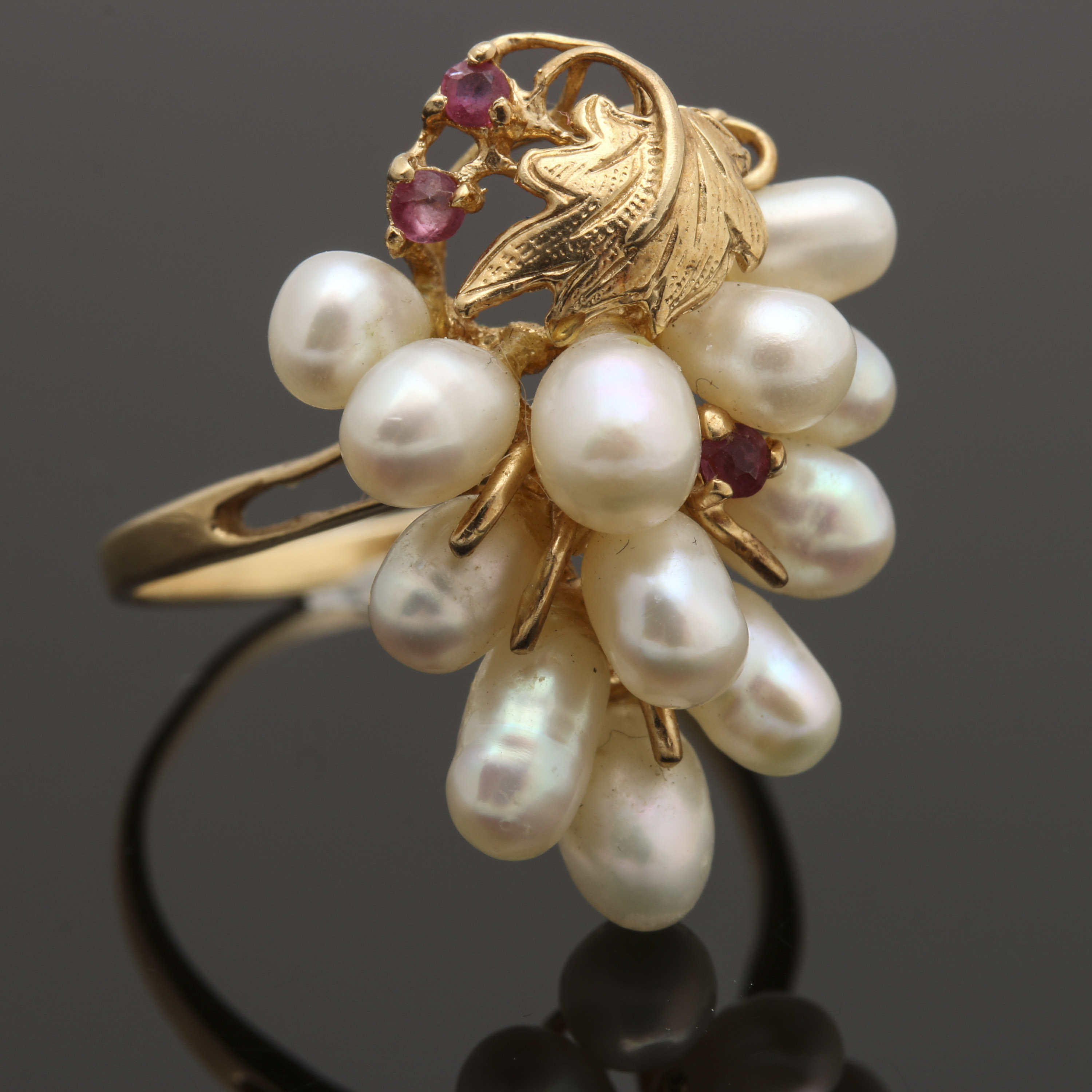 14K Yellow Gold Cultured Pearl and Ruby Foliate Ring