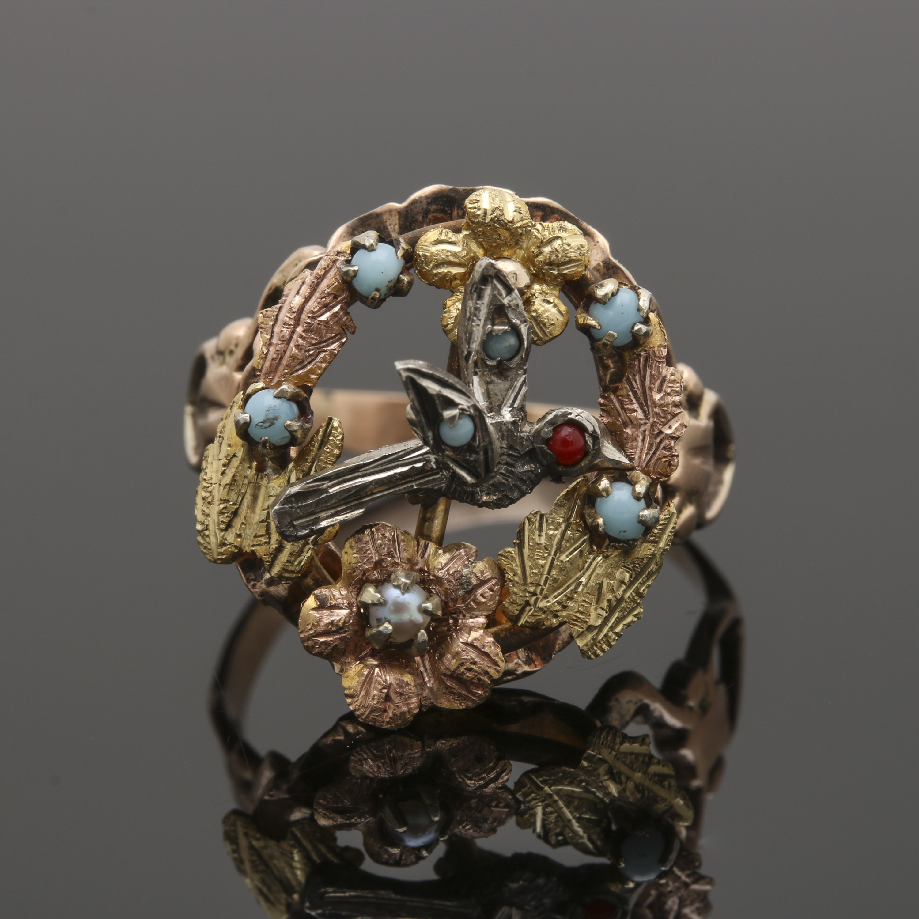 Victorian Sterling Silver, 14K Yellow and Rose Gold Pearl and Glass Ring