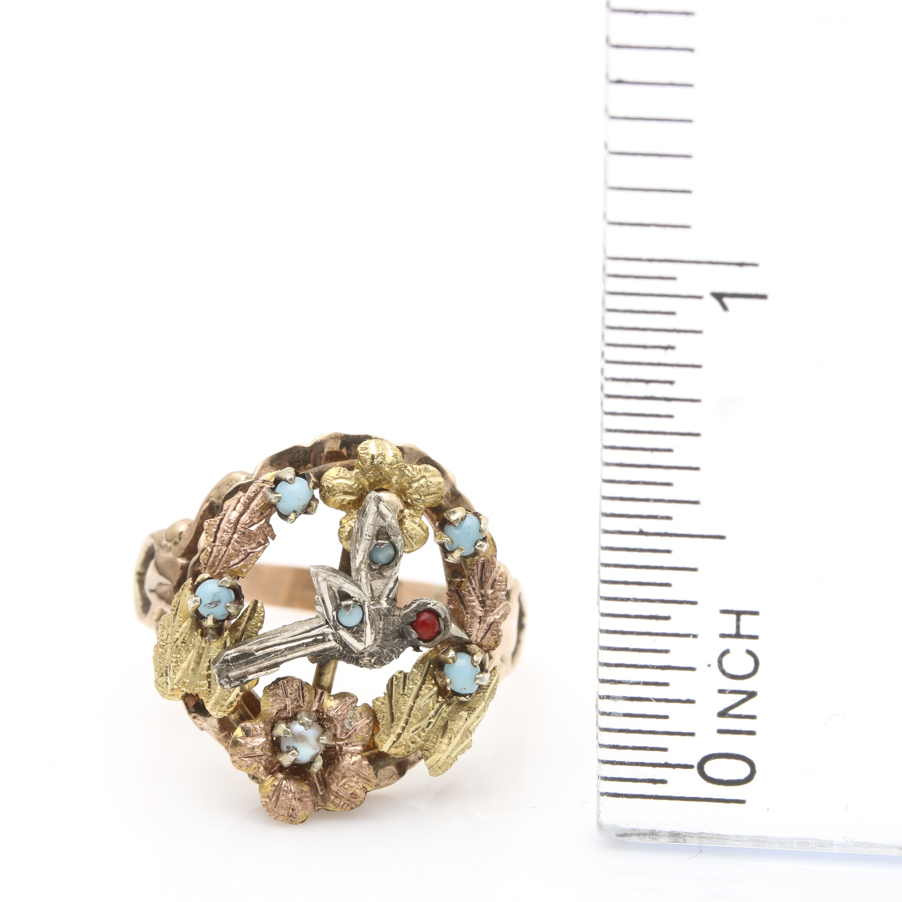 Victorian Sterling Silver, 14K Yellow and Rose Gold Pearl and Glass Ring