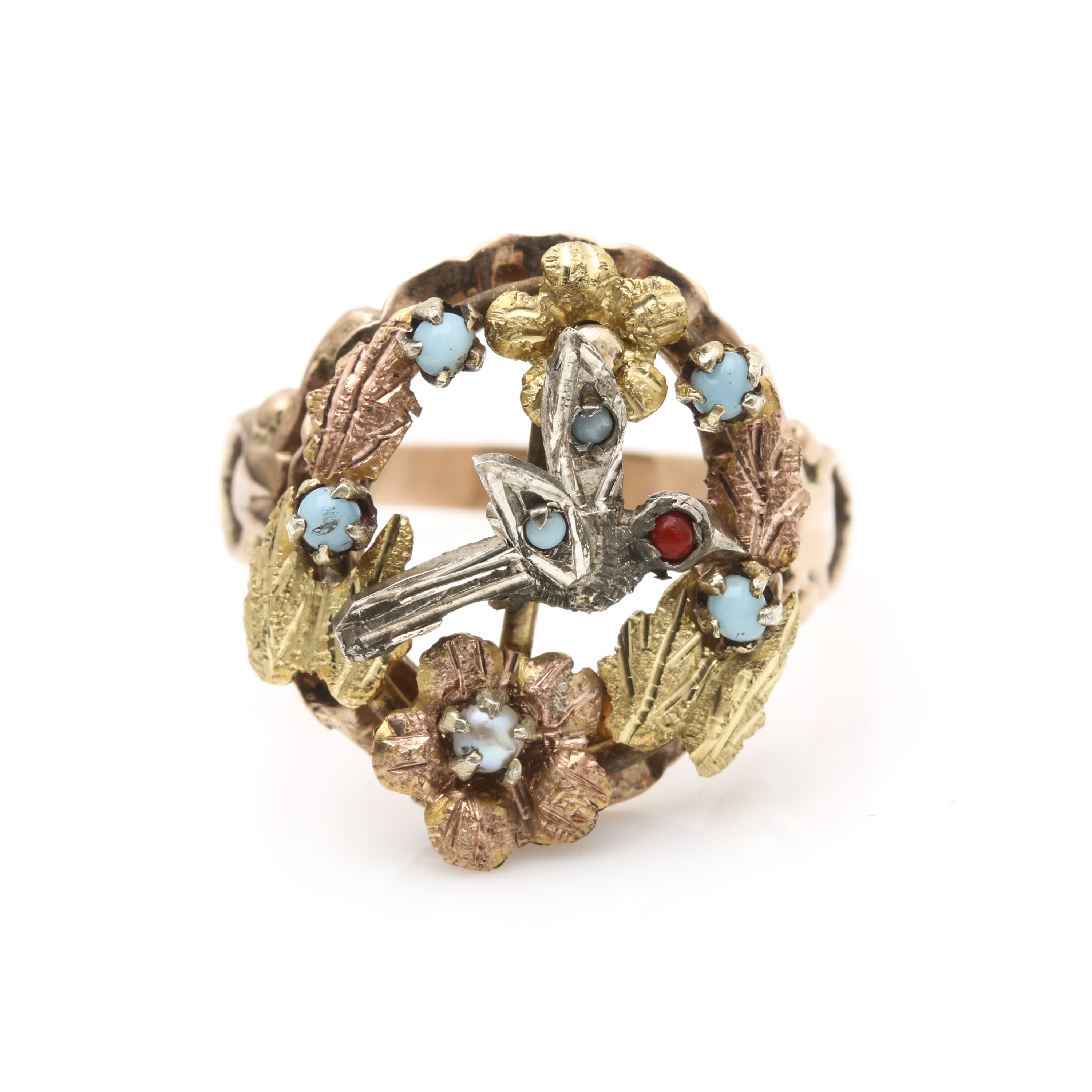Victorian Sterling Silver, 14K Yellow and Rose Gold Pearl and Glass Ring