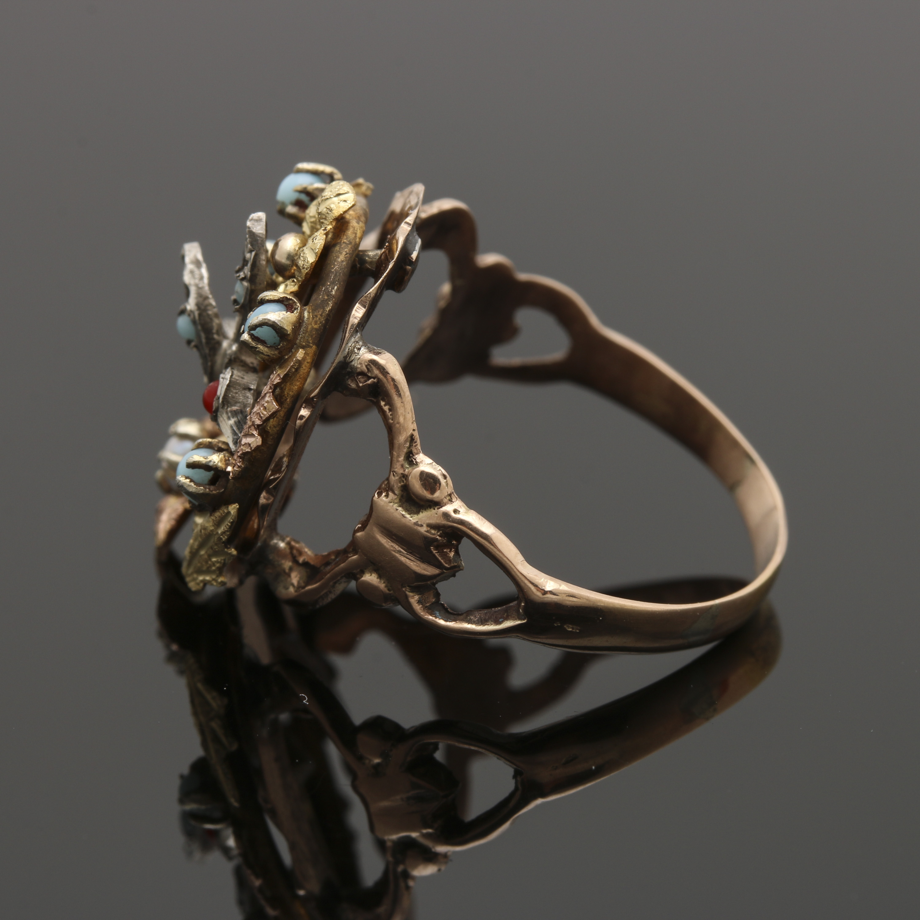 Victorian Sterling Silver, 14K Yellow and Rose Gold Pearl and Glass Ring