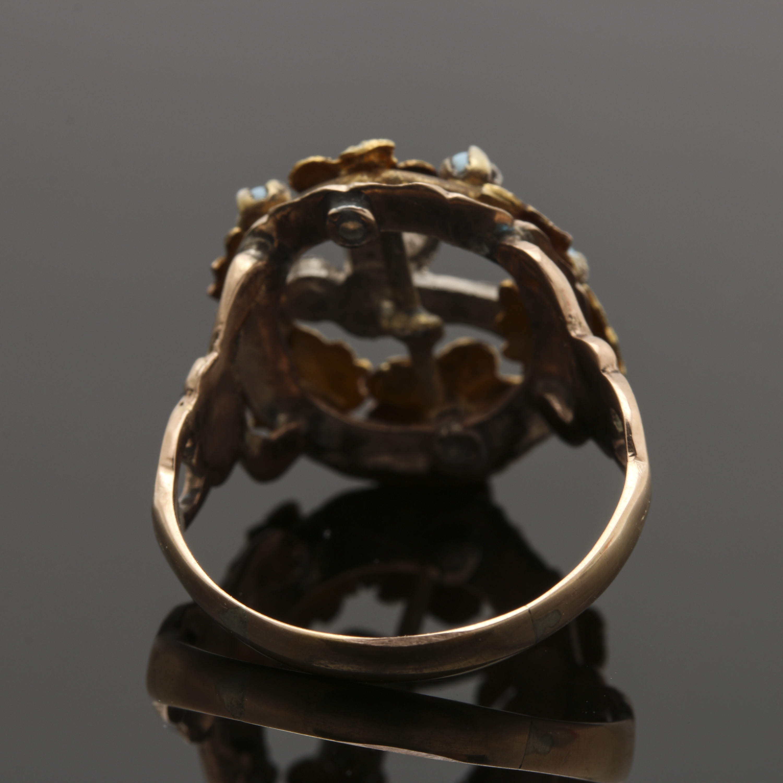 Victorian Sterling Silver, 14K Yellow and Rose Gold Pearl and Glass Ring