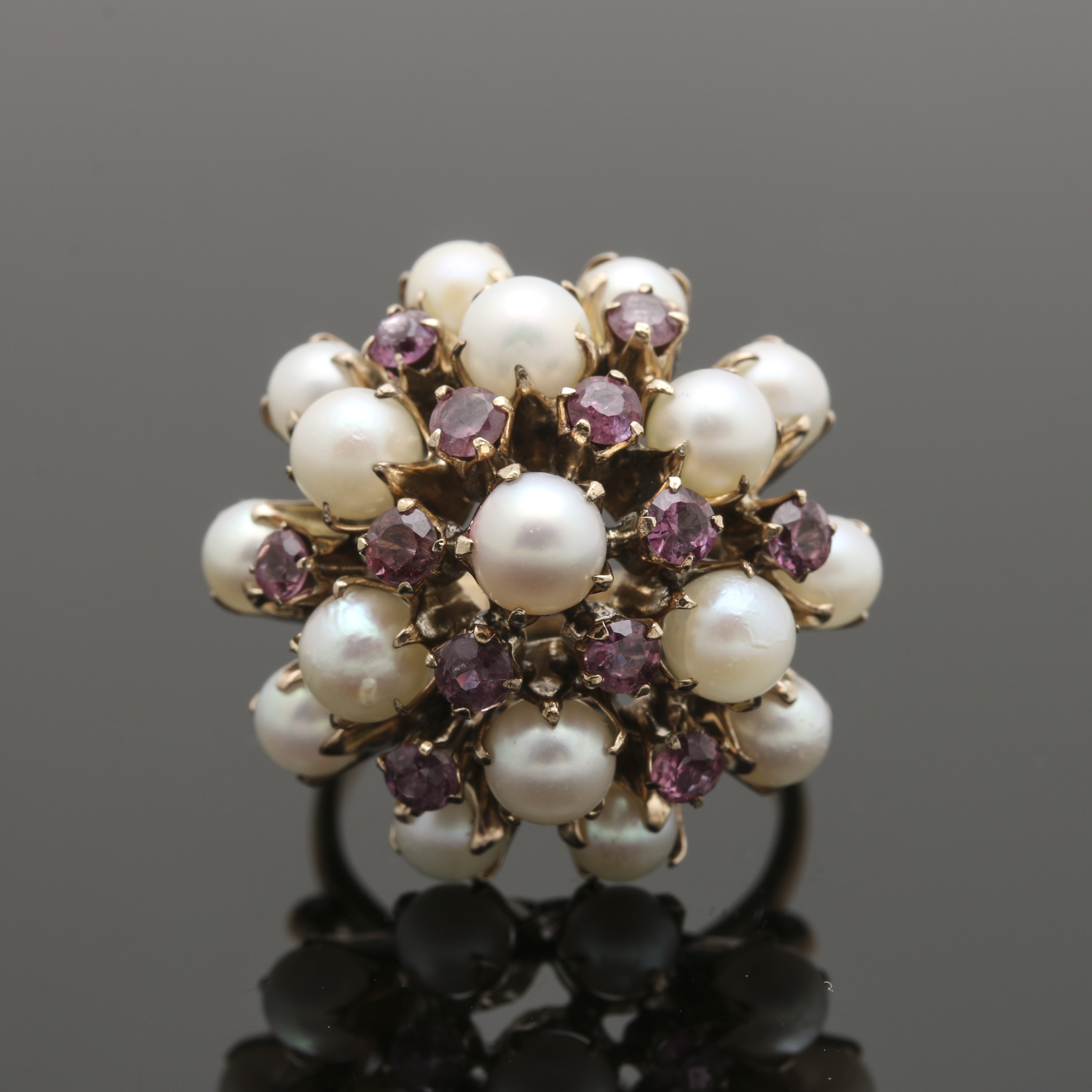 10K Yellow Gold Cultured Pearl and Pink Sapphire Princess Harem Cluster Ring