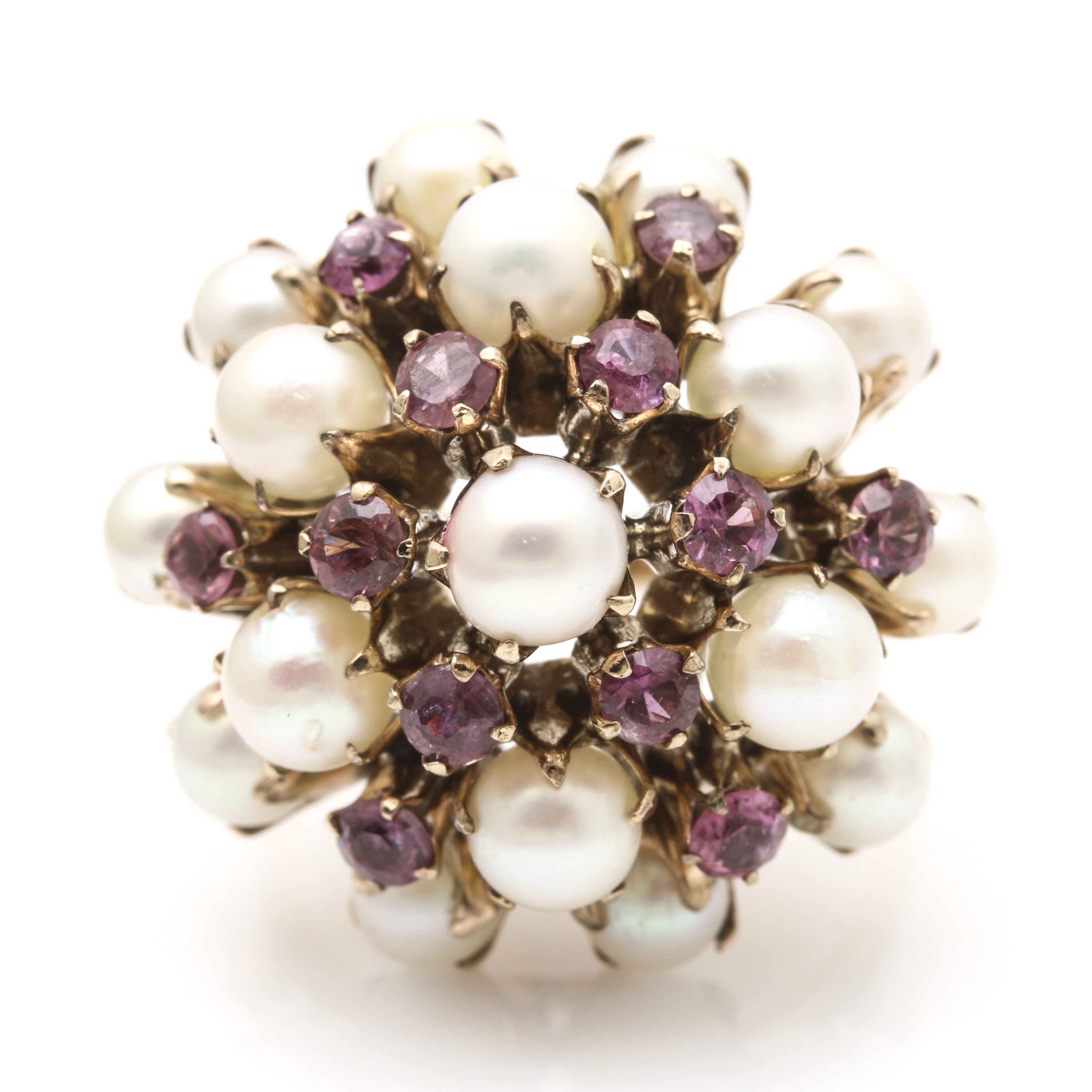 10K Yellow Gold Cultured Pearl and Pink Sapphire Princess Harem Cluster Ring