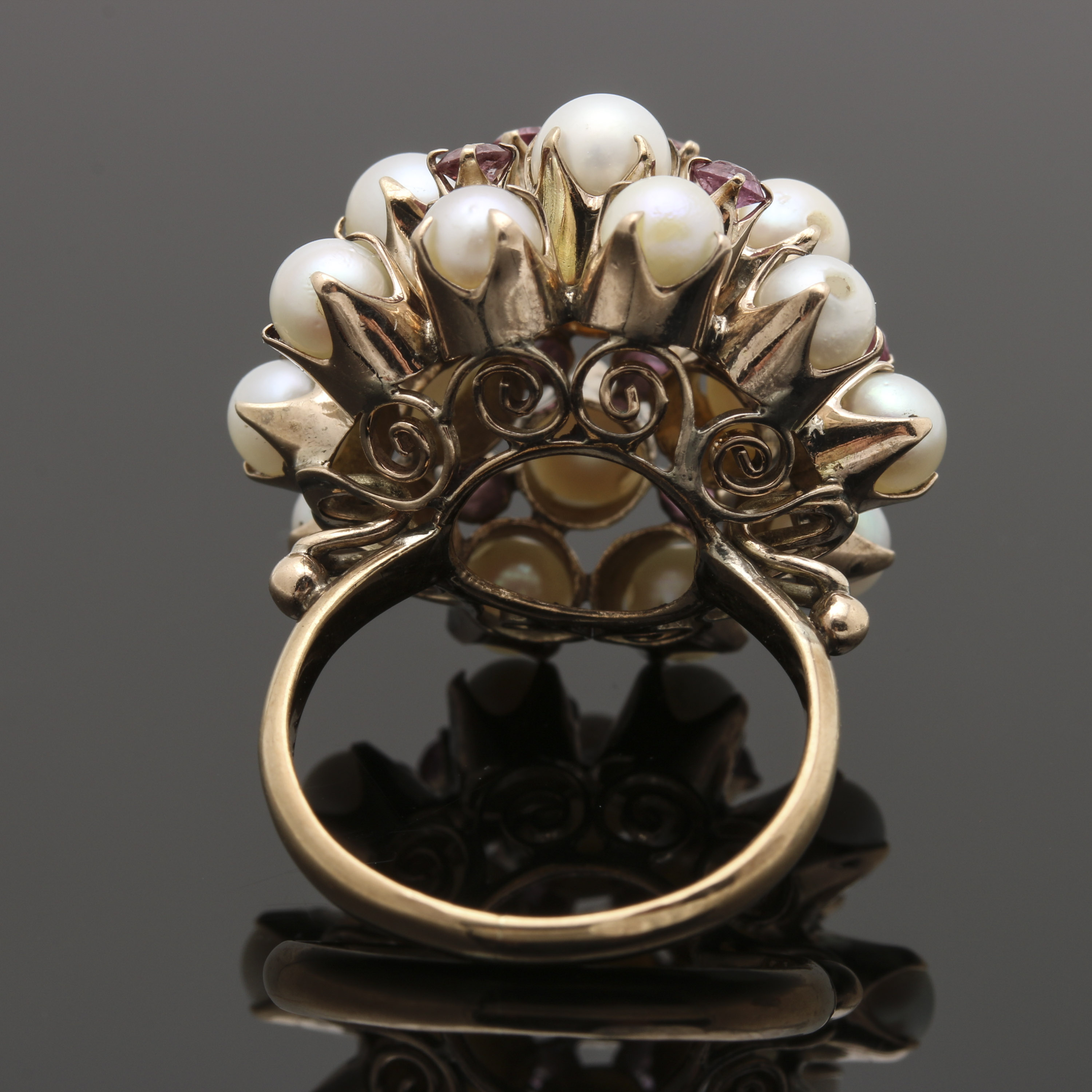 10K Yellow Gold Cultured Pearl and Pink Sapphire Princess Harem Cluster Ring