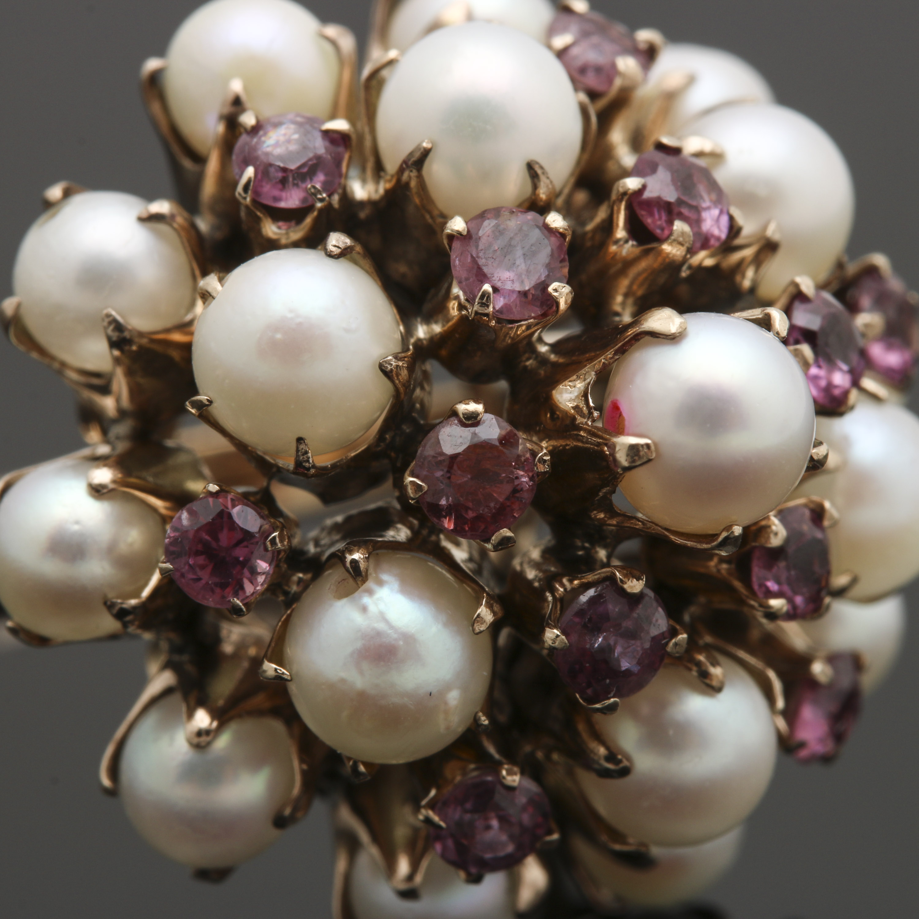 10K Yellow Gold Cultured Pearl and Pink Sapphire Princess Harem Cluster Ring