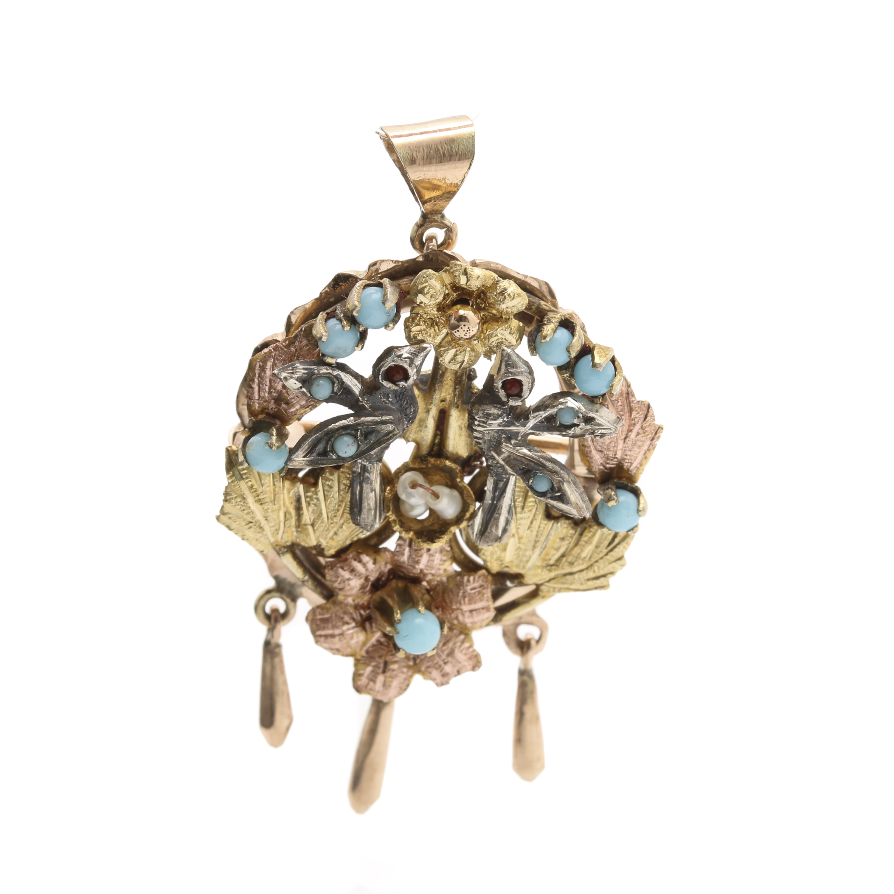 Victorian Aesthetic Movement 14K, 10K Two-Tone Gold and Sterling Silver Pendant