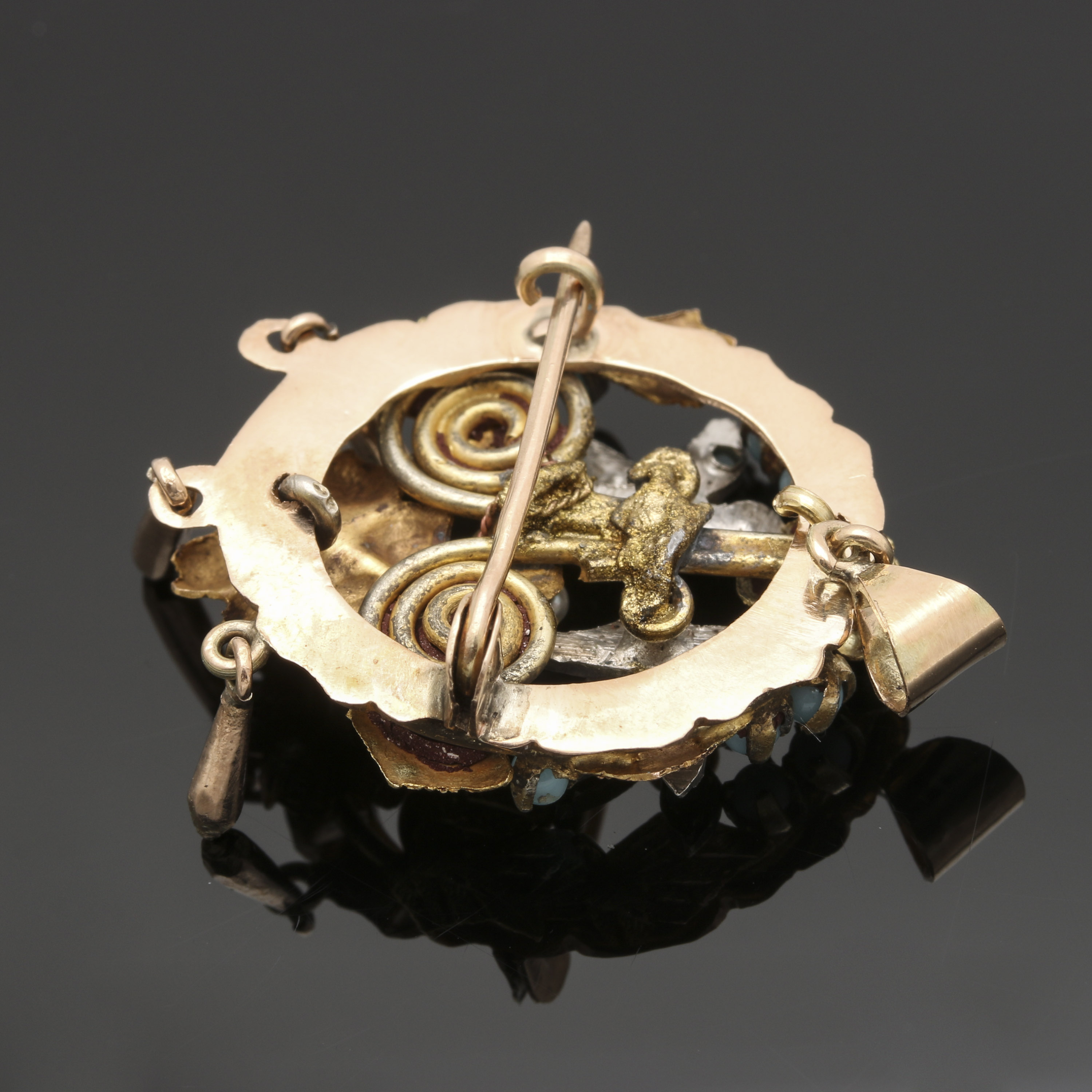 Victorian Aesthetic Movement 14K, 10K Two-Tone Gold and Sterling Silver Pendant