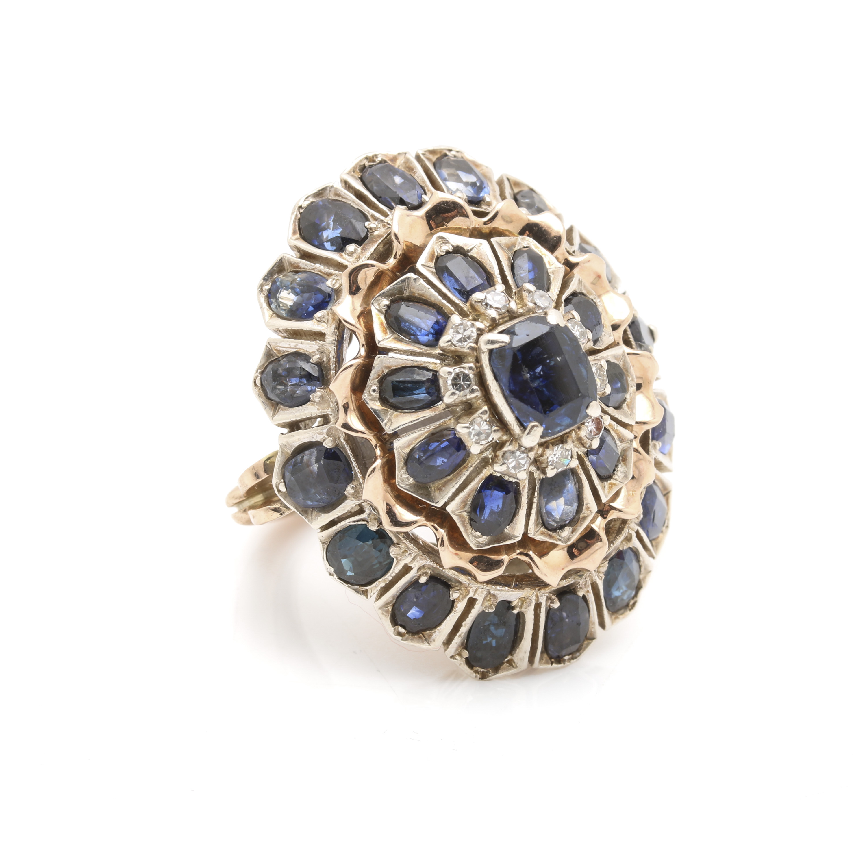 Sterling Silver and 10K Yellow Gold Sapphire and Diamond Dome Ring