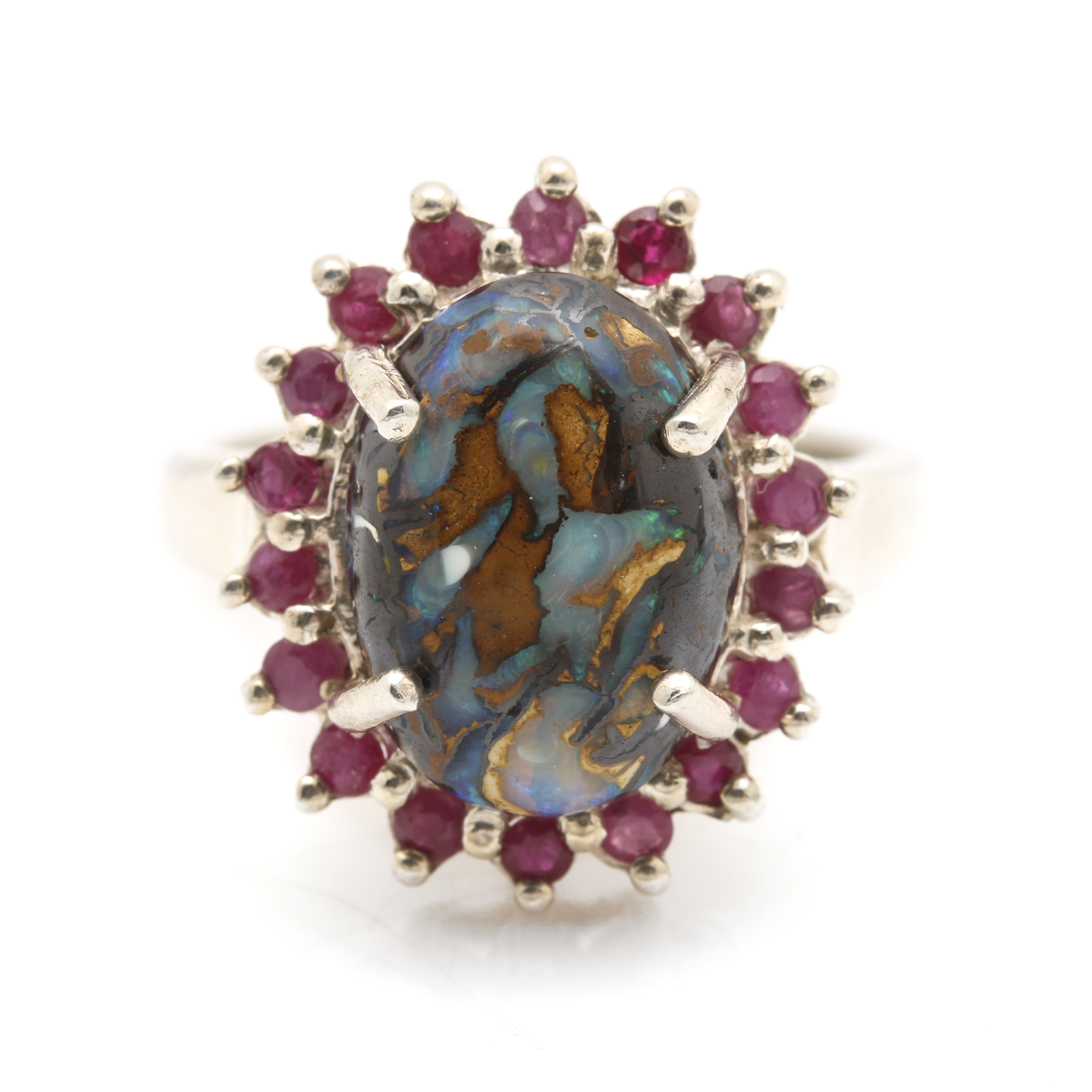 Sterling Silver Boulder Opal and Ruby Ring