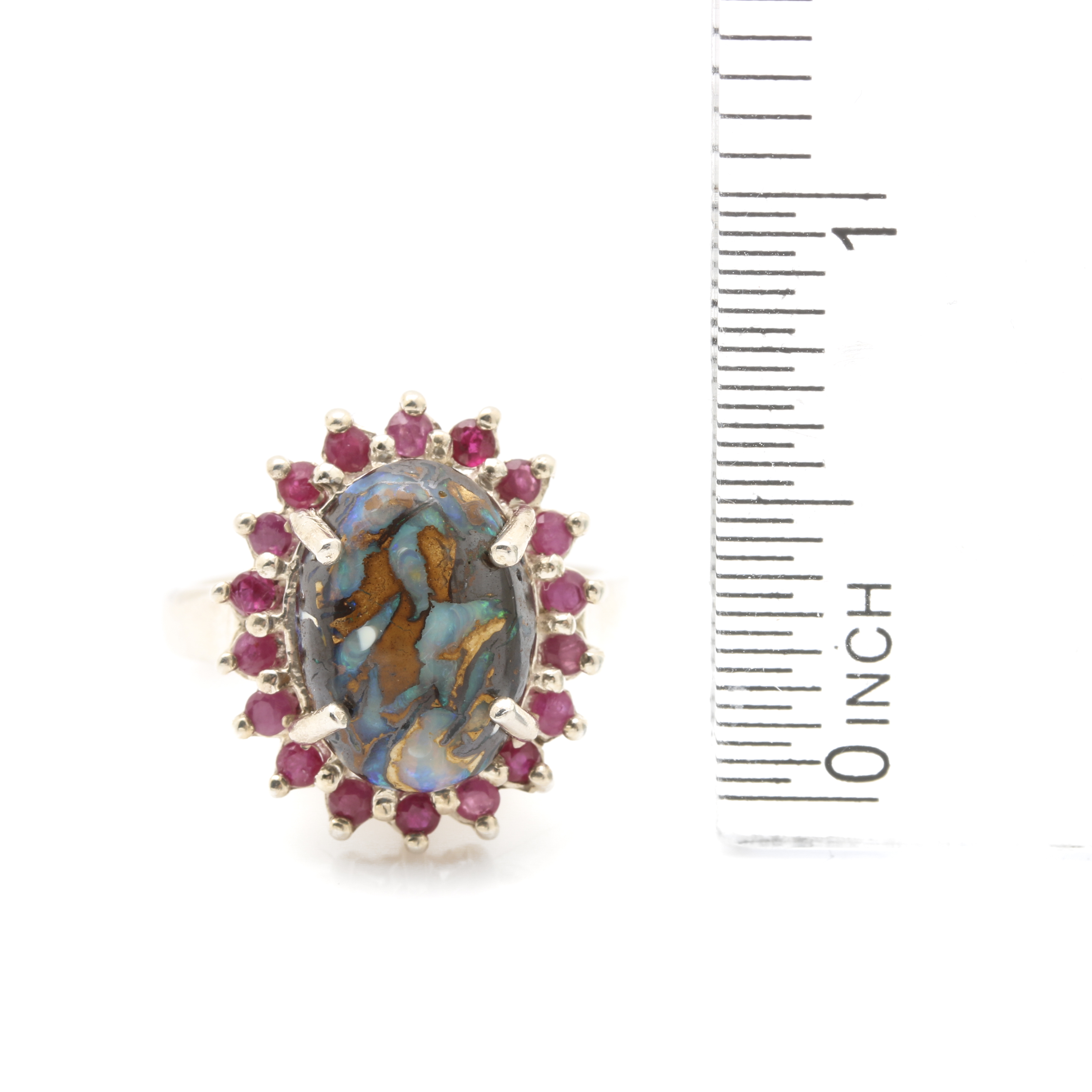 Sterling Silver Boulder Opal and Ruby Ring