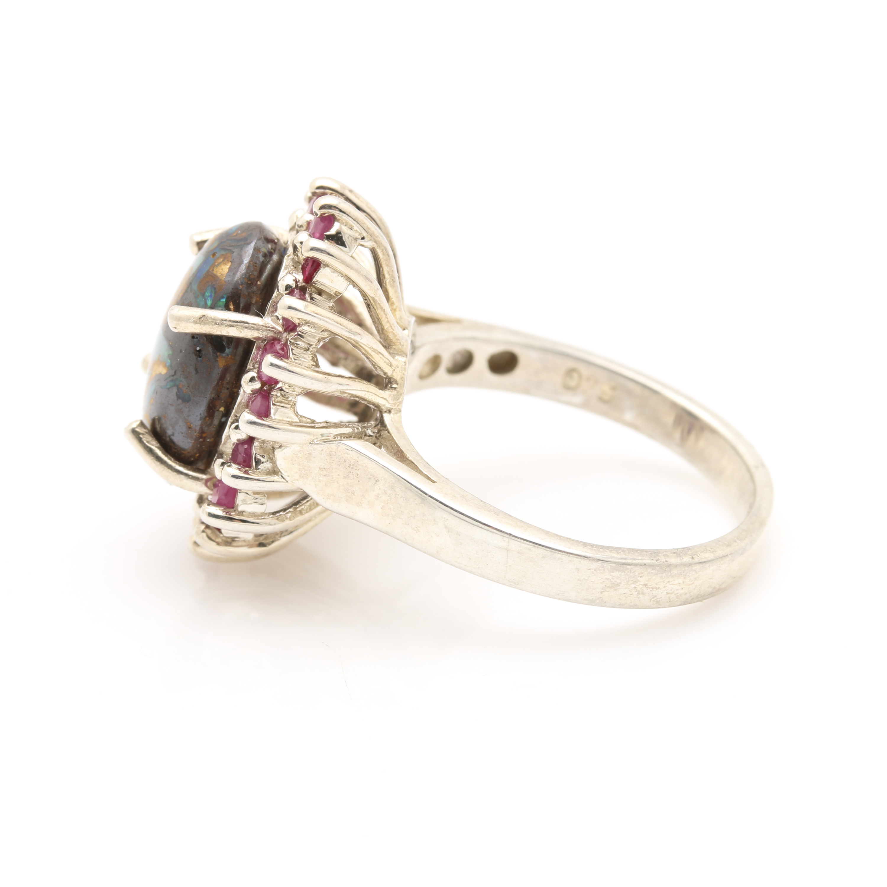 Sterling Silver Boulder Opal and Ruby Ring