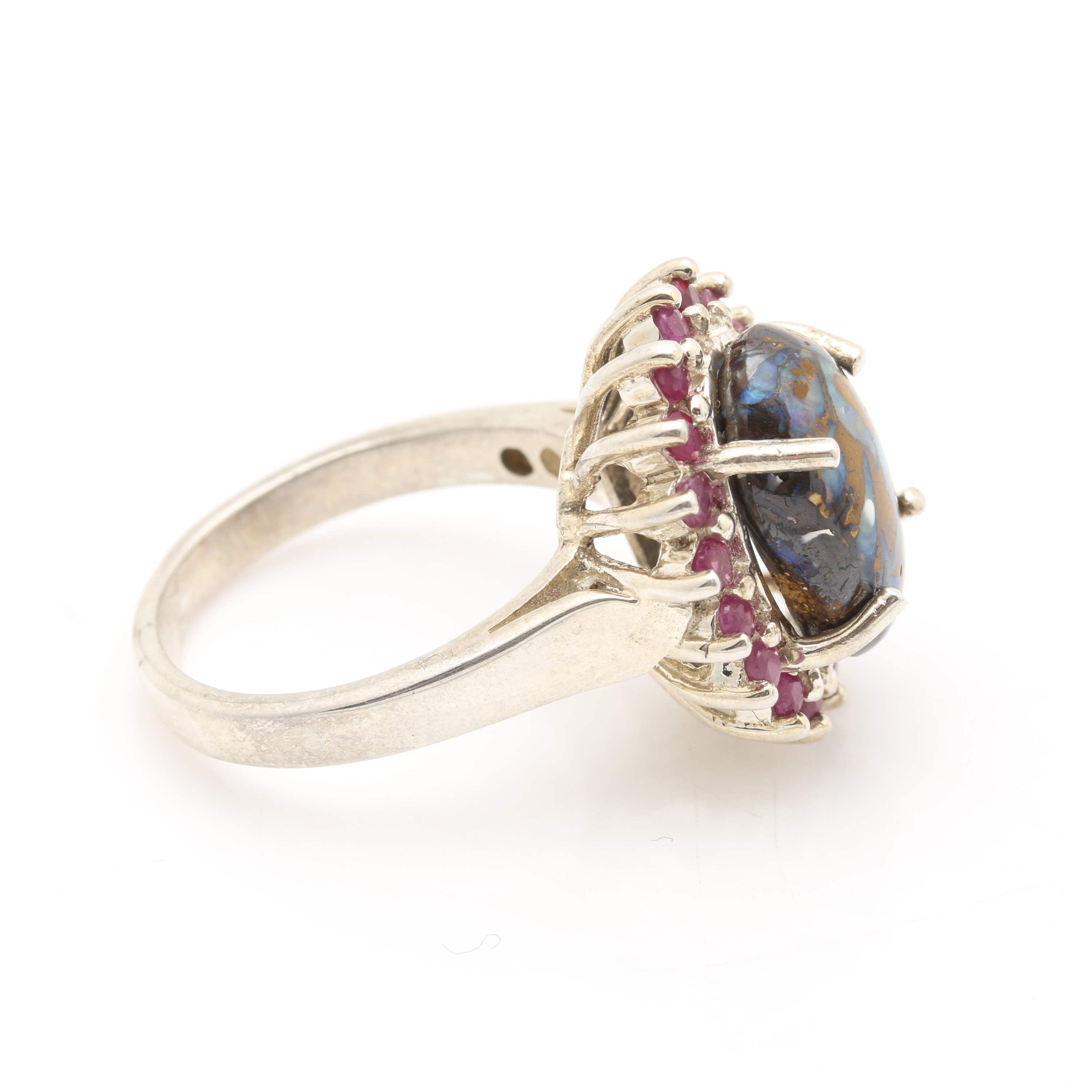 Sterling Silver Boulder Opal and Ruby Ring