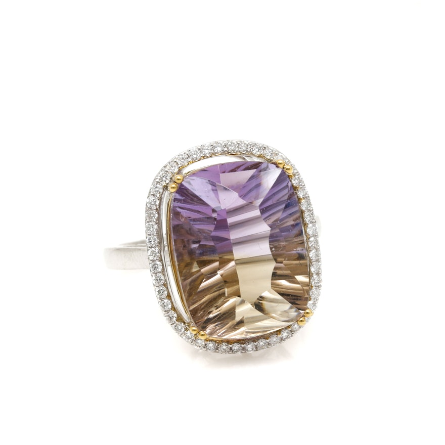 14K White Gold 9.43 CT Ametrine and Diamond Ring With Yellow Gold Accents