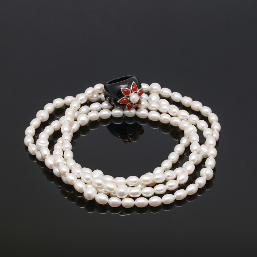 Cultured Pearl Necklace and Ring Including Sterling Silver Accents and Carnelian