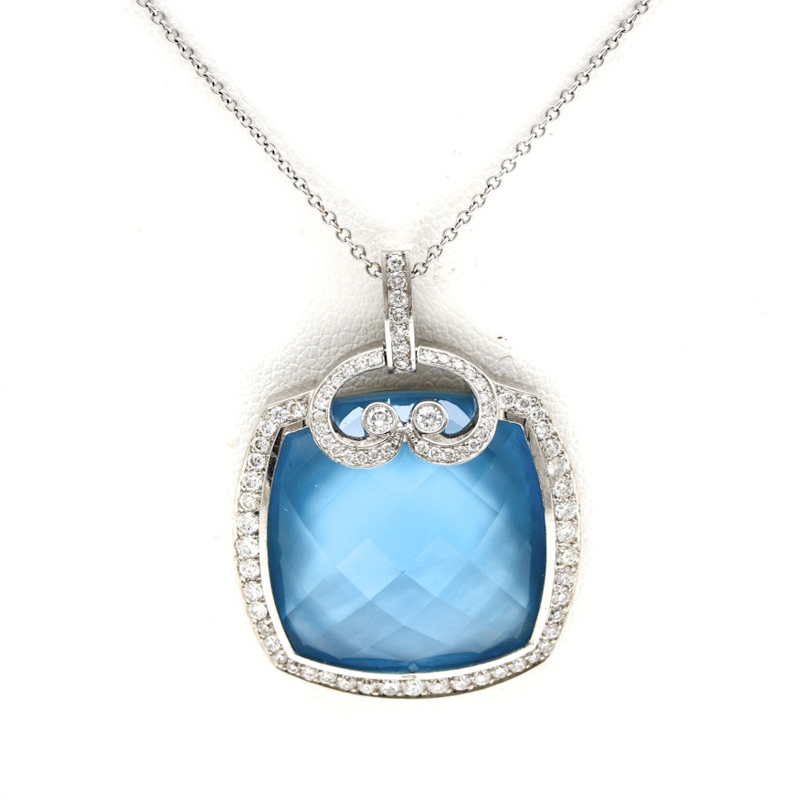 14K and 18K White Gold Blue Topaz Over Mother of Pearl and Diamond Necklace