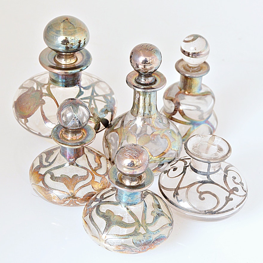 Alvin Fine Silver Overlay Glass Bottle with Other Silver-Plated Overlay Bottles