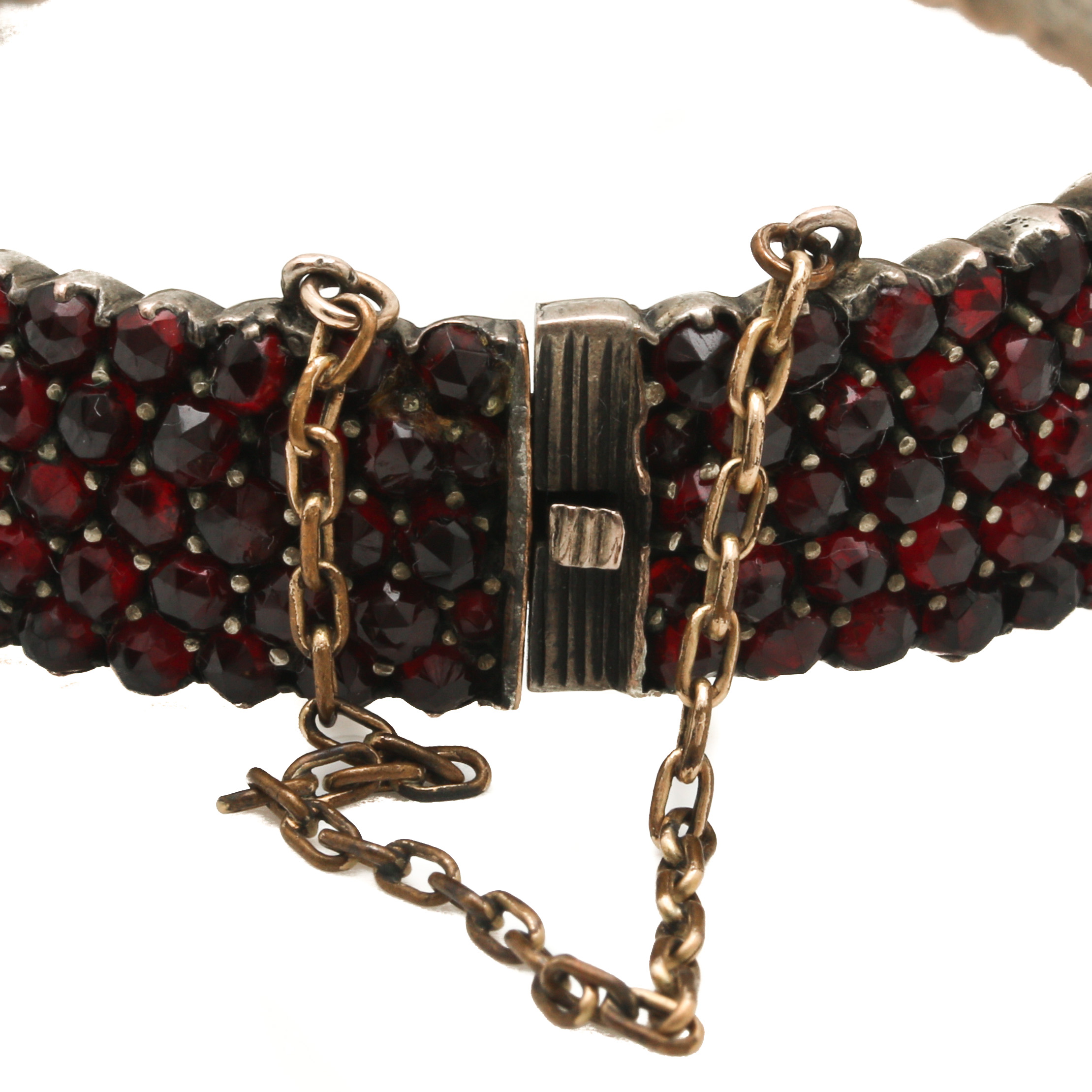 Victorian Silver Tone Garnet Hinged Bangle Bracelet