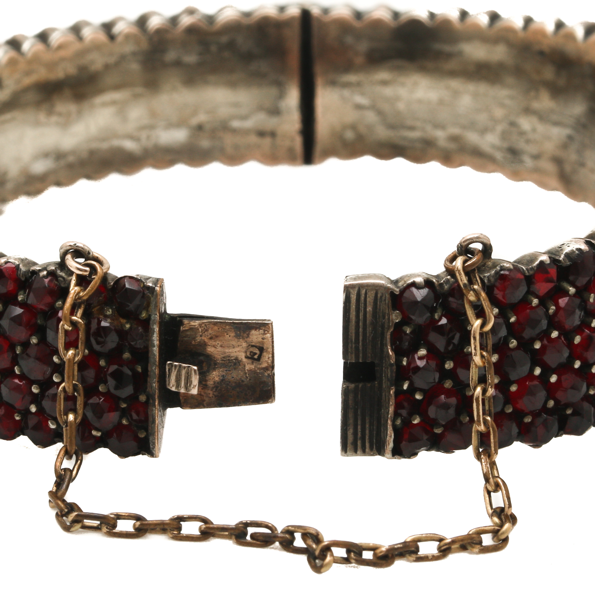 Victorian Silver Tone Garnet Hinged Bangle Bracelet