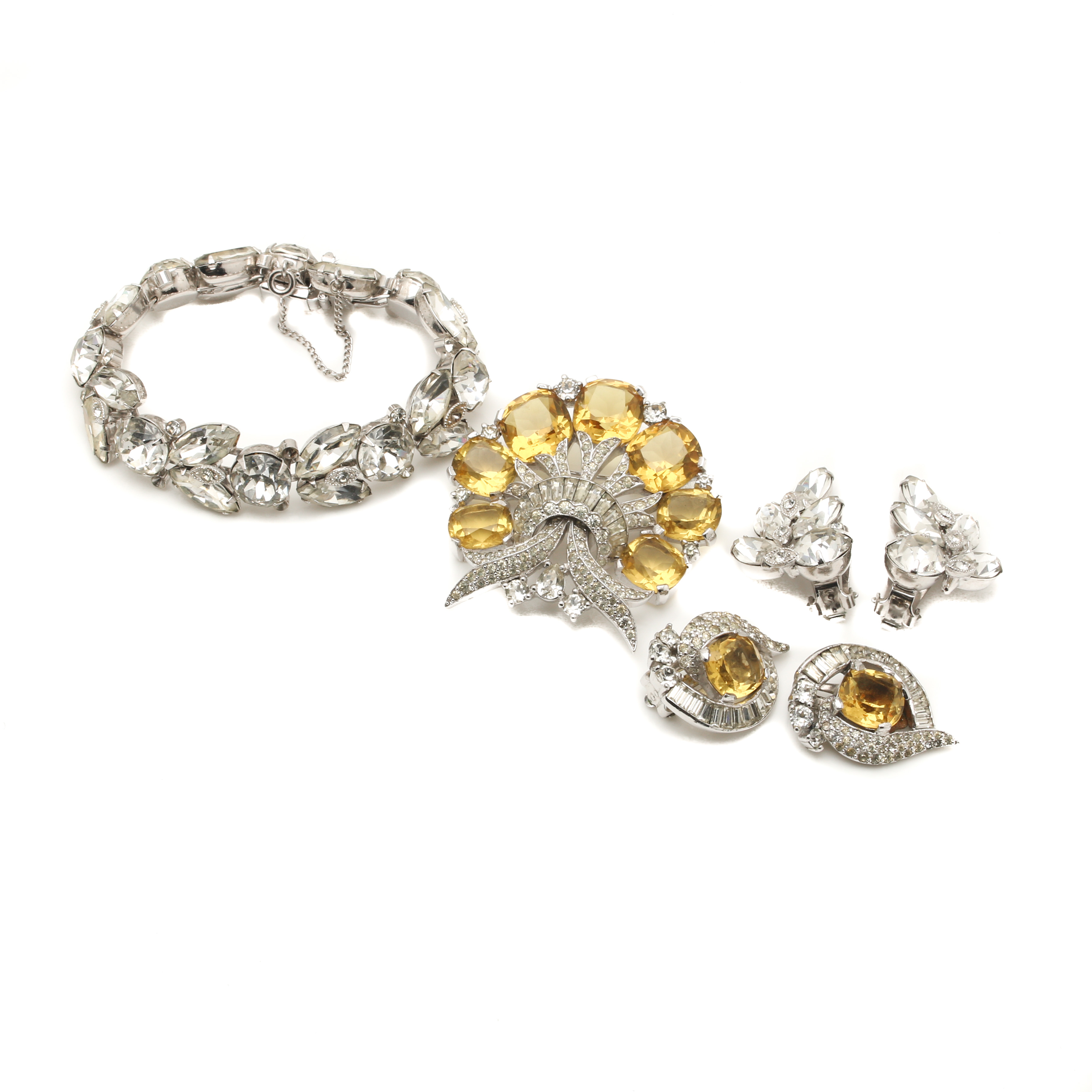 Selection of Eisenberg and Jomaz Silver Tone Glass Demi Parure Jewelry