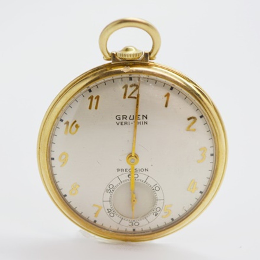 Vintage Gruen Veri-Thin 14K Yellow Gold Open Face Pocket Watch