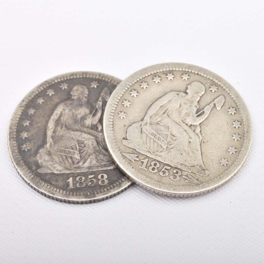 1853 and 1858 Silver Seated Liberty Quarters