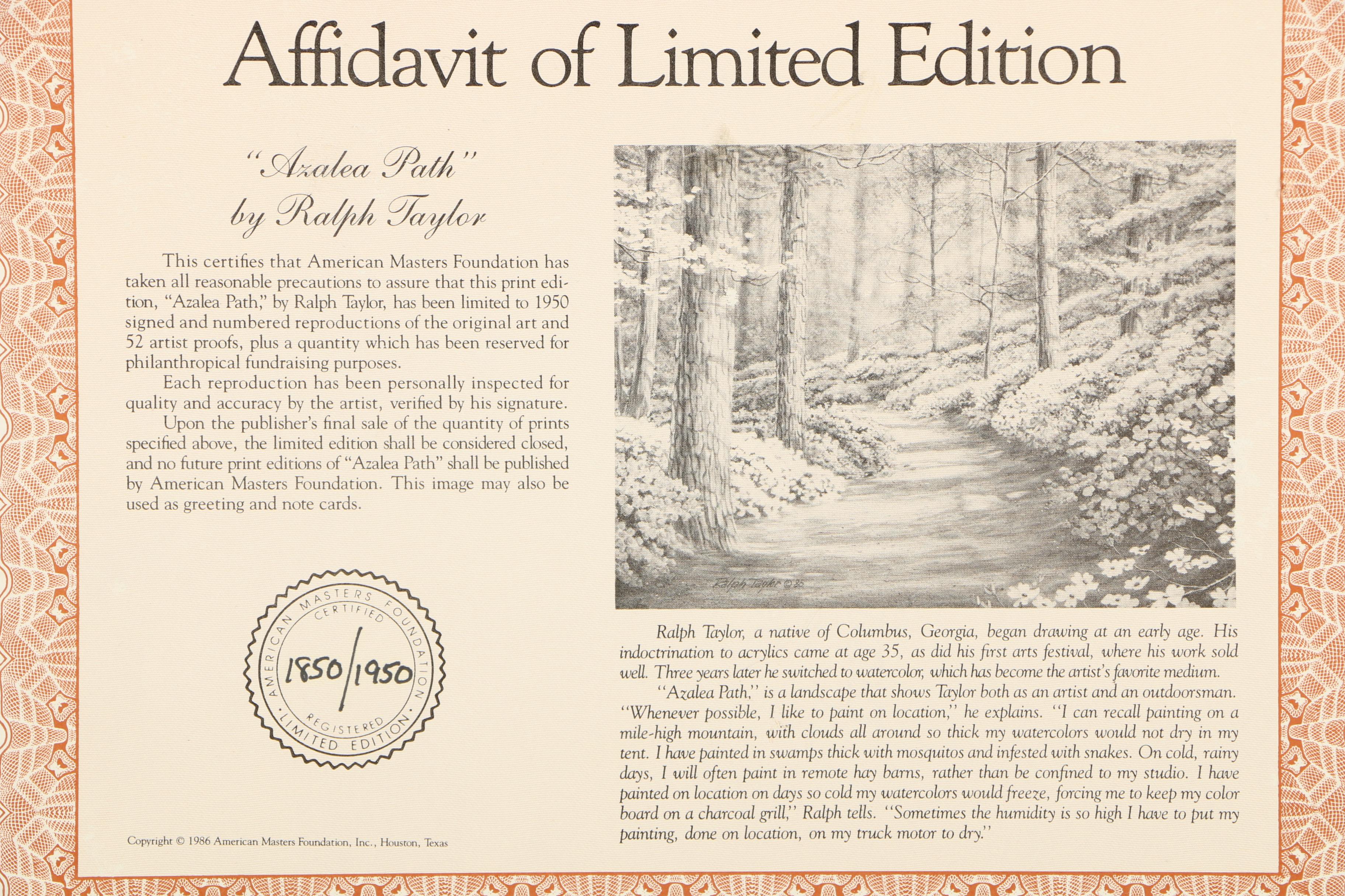 Ralph Taylor Limited Edition Offset Lithograph "Azalea Path"