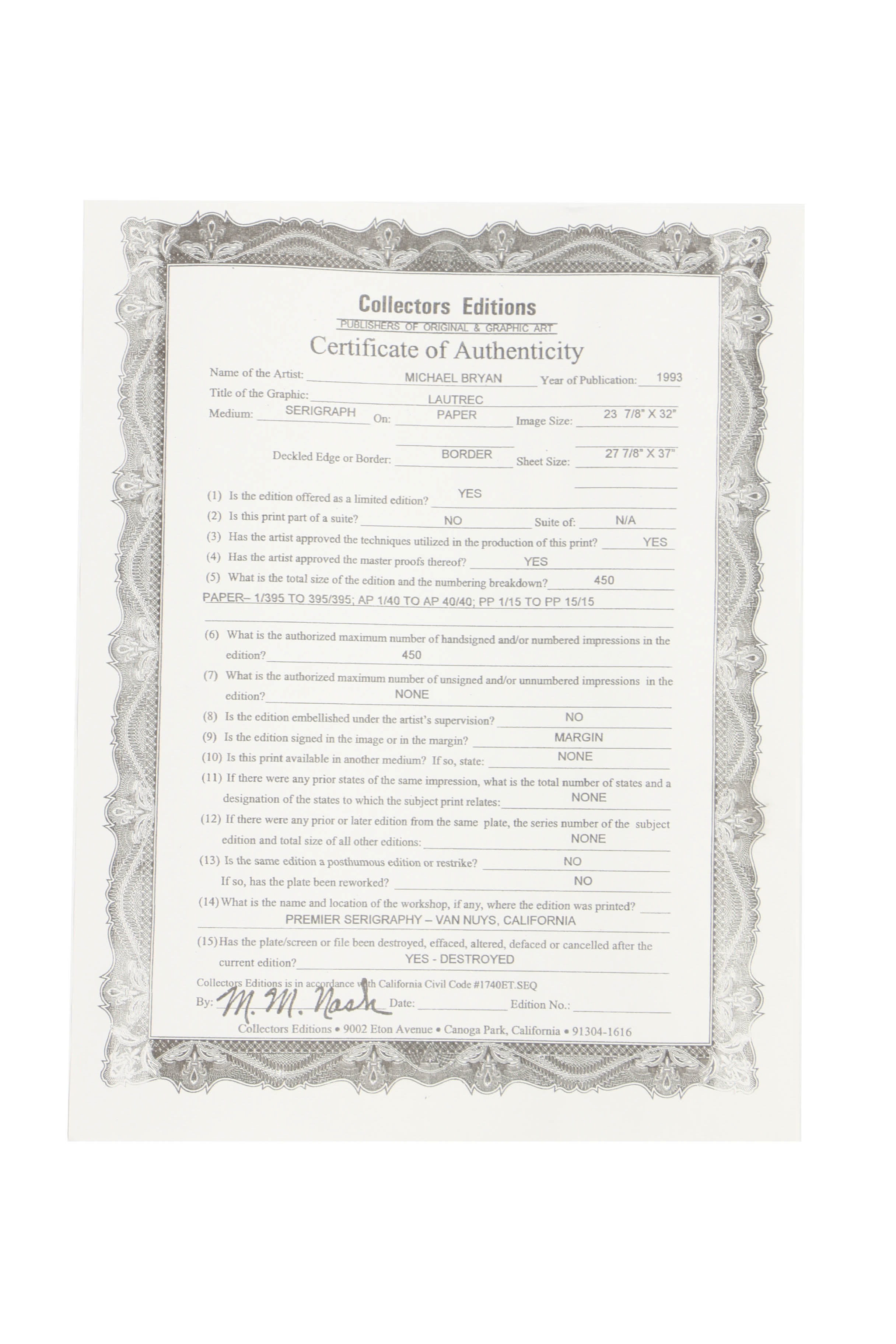 Michael Bryan Limited Edition Serigraph "Lautrec"