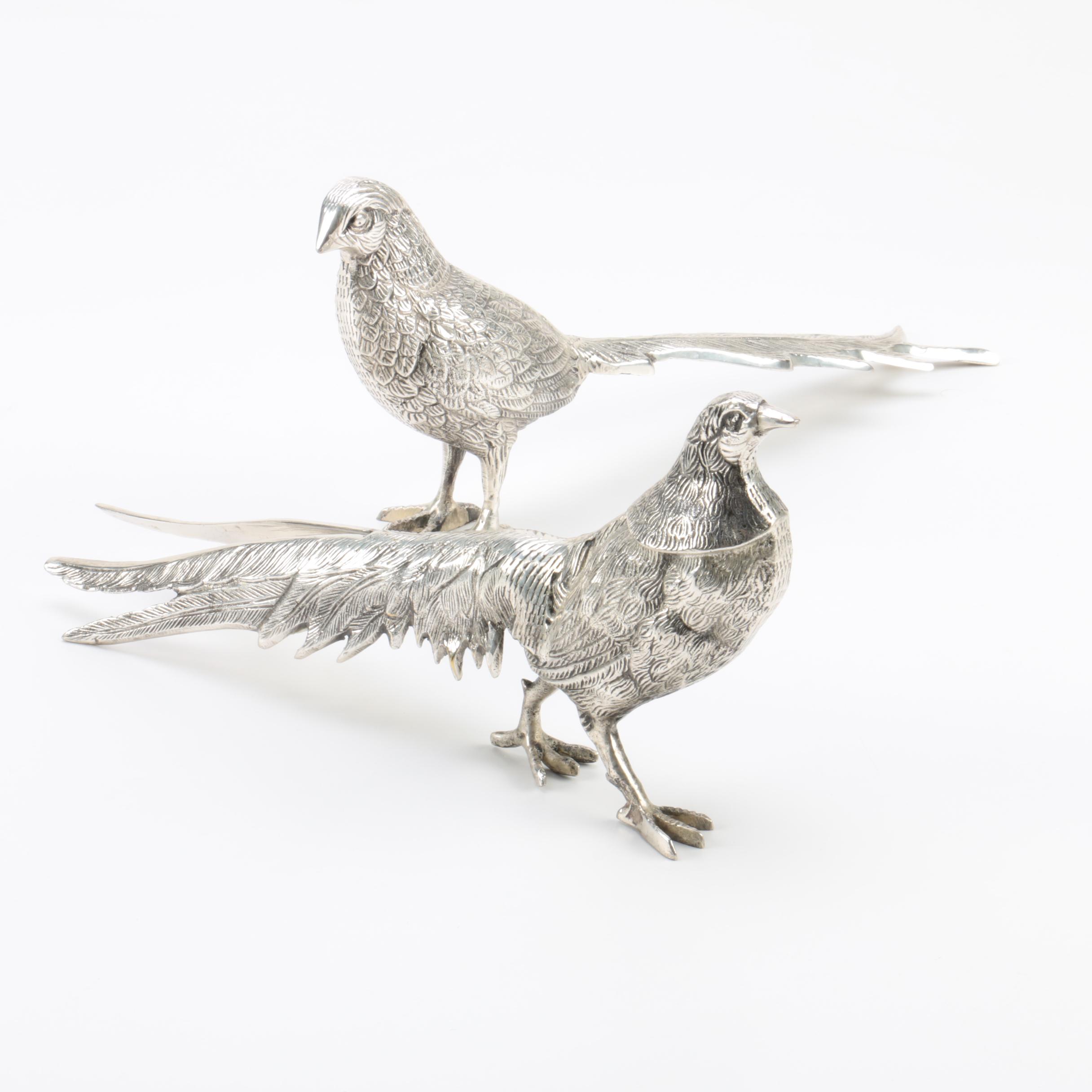 Pair of Lacquered Silver Tone Pheasant Figurines