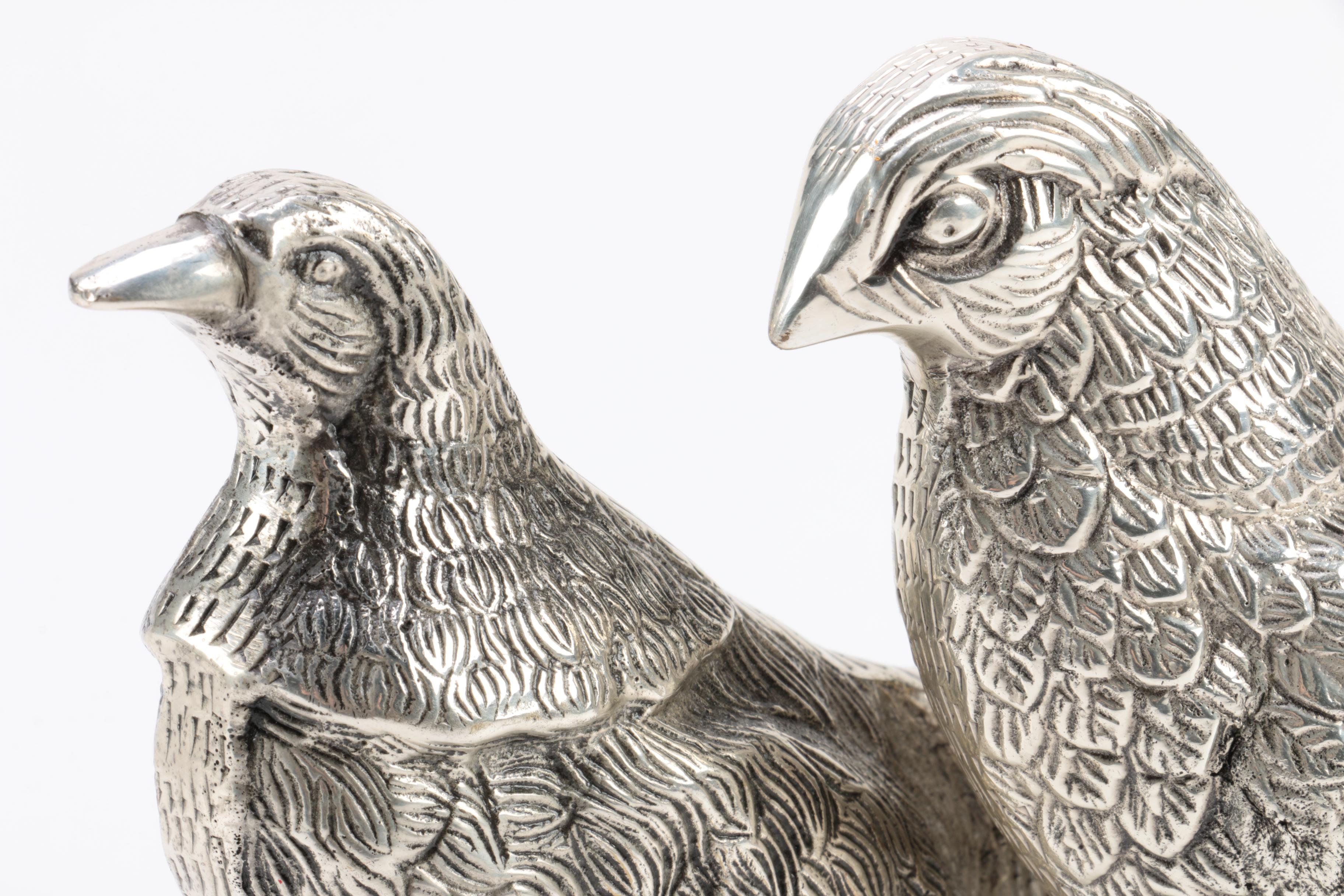 Pair of Lacquered Silver Tone Pheasant Figurines