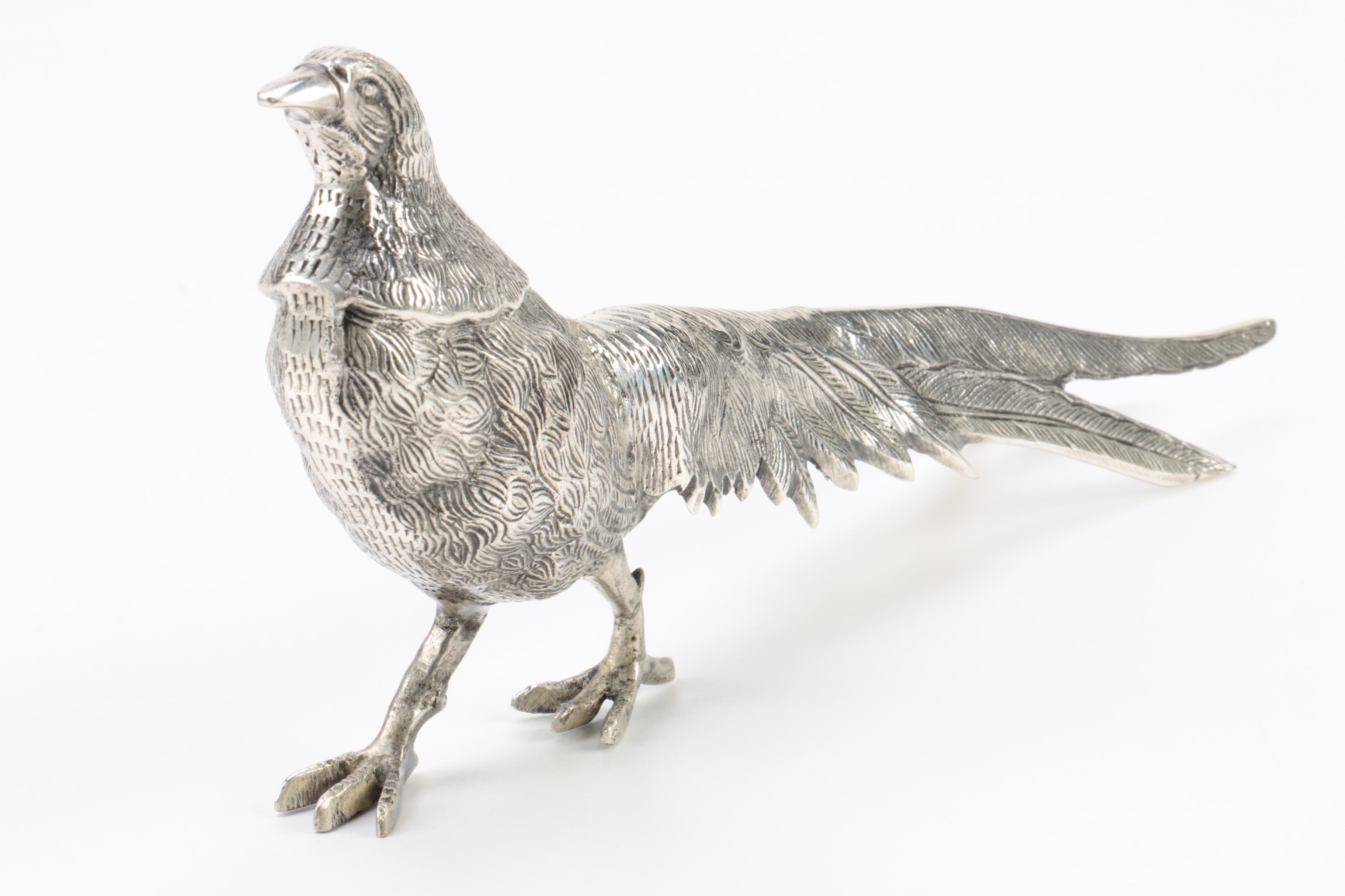 Pair of Lacquered Silver Tone Pheasant Figurines