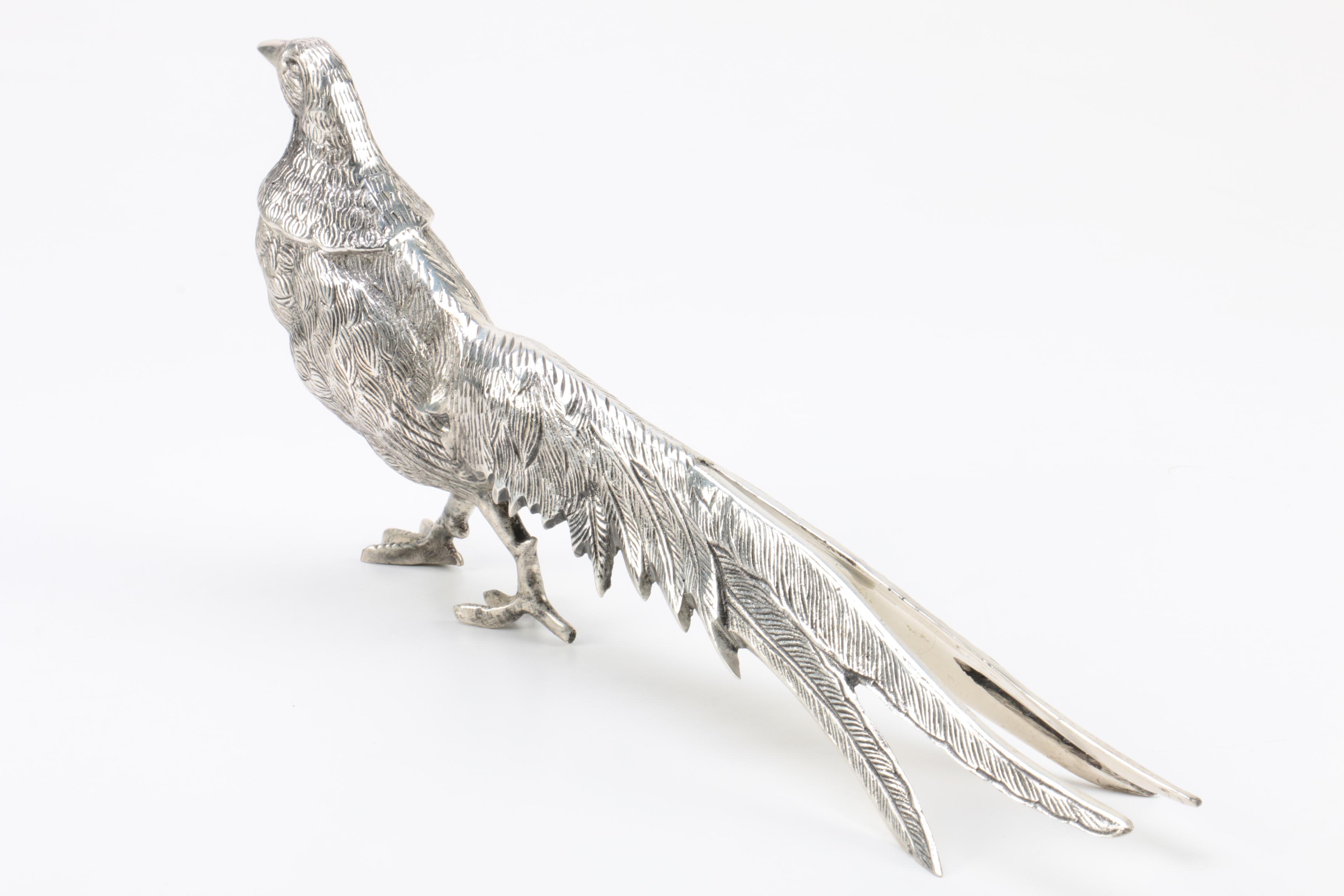 Pair of Lacquered Silver Tone Pheasant Figurines
