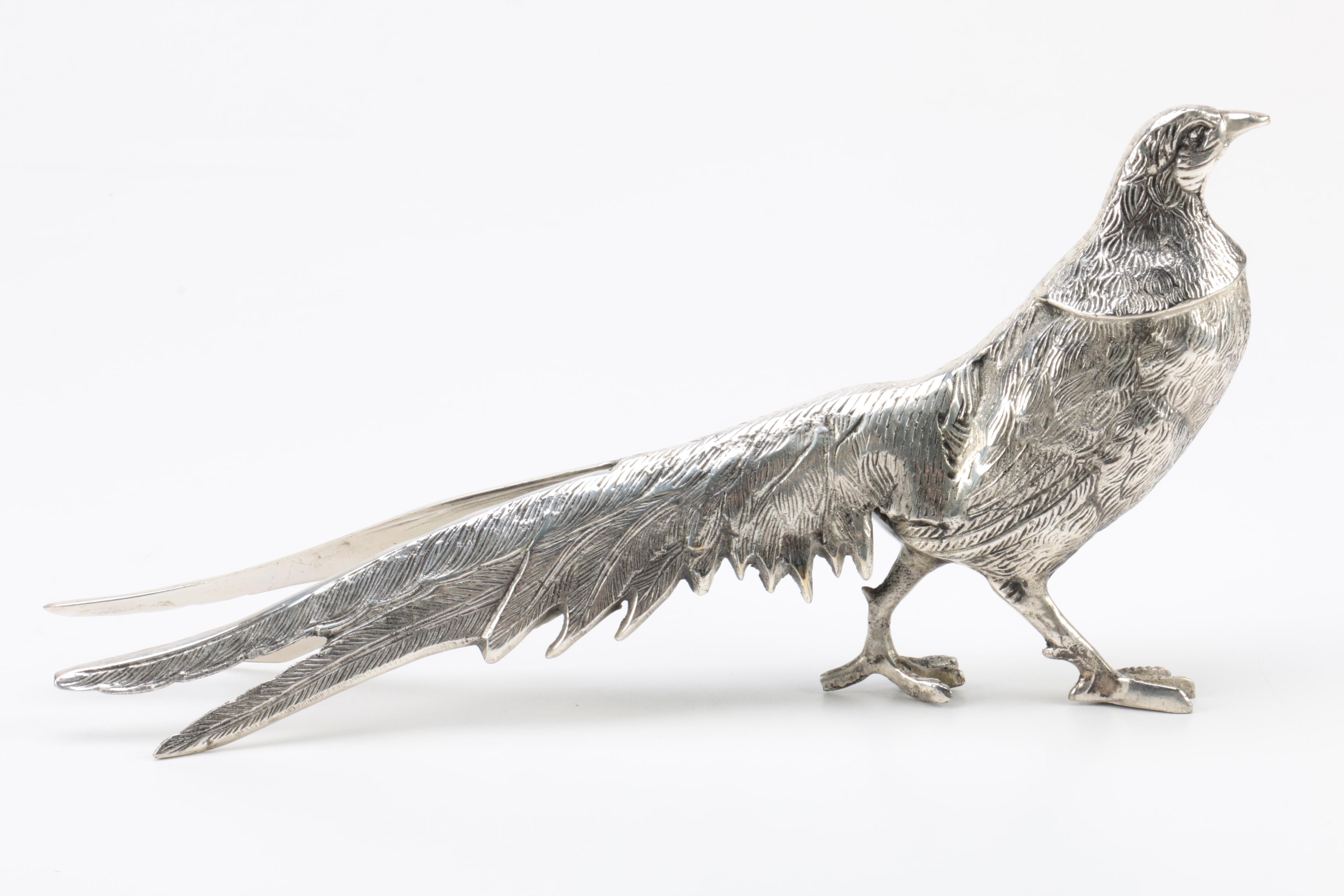 Pair of Lacquered Silver Tone Pheasant Figurines