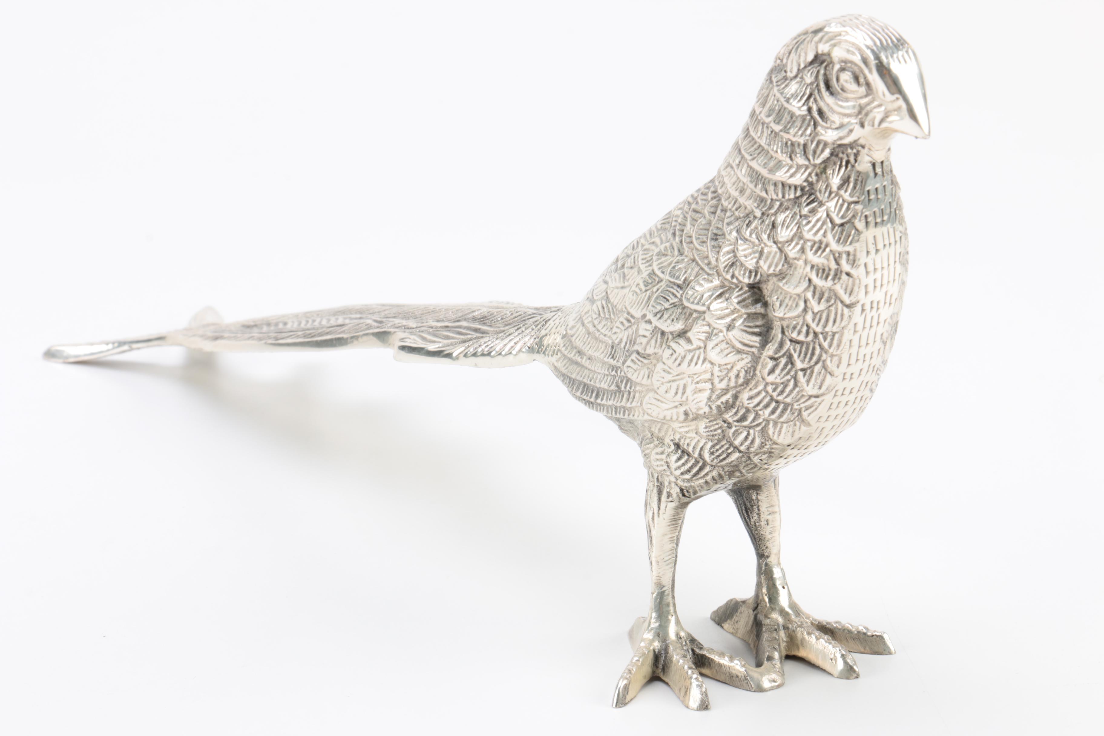 Pair of Lacquered Silver Tone Pheasant Figurines
