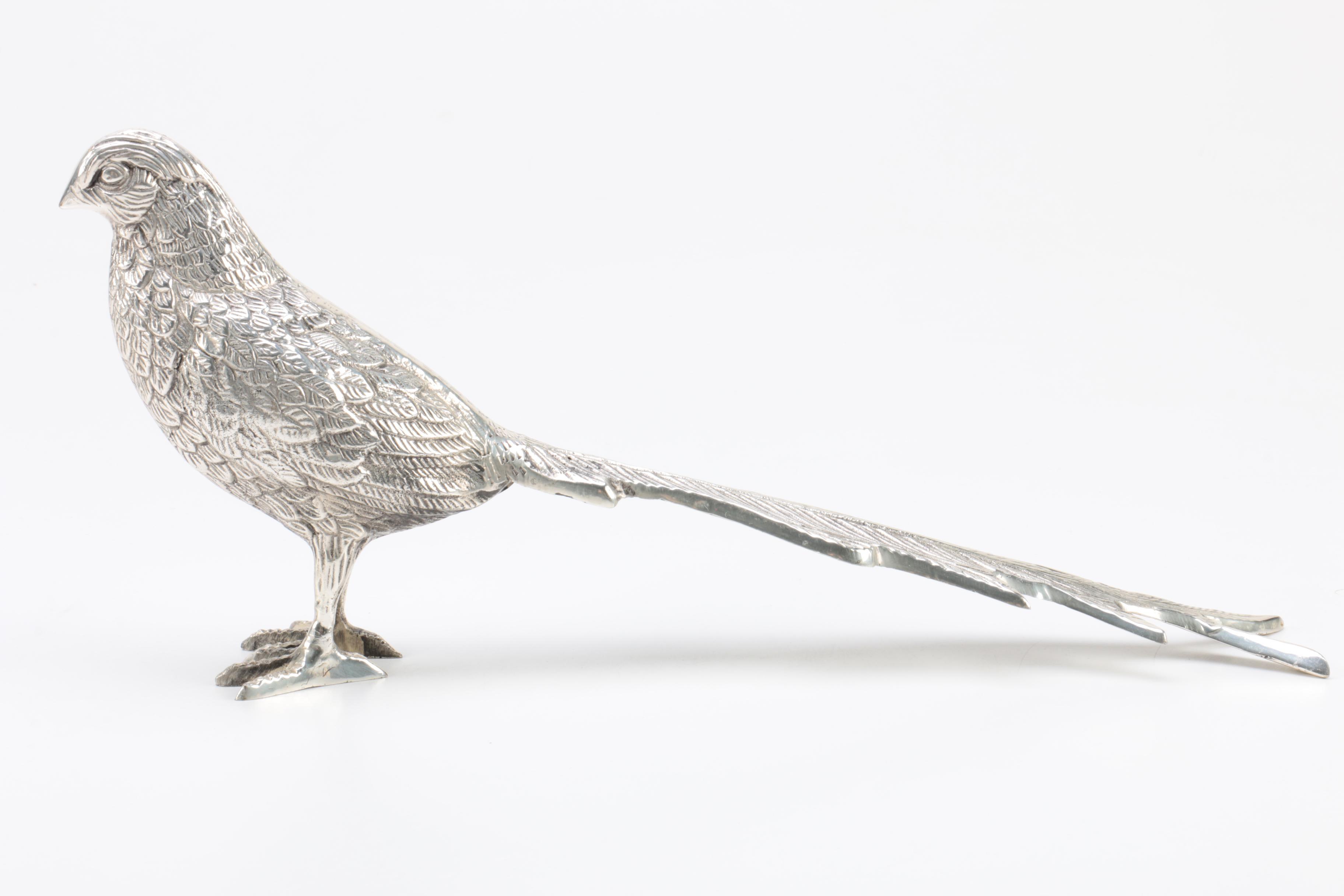 Pair of Lacquered Silver Tone Pheasant Figurines