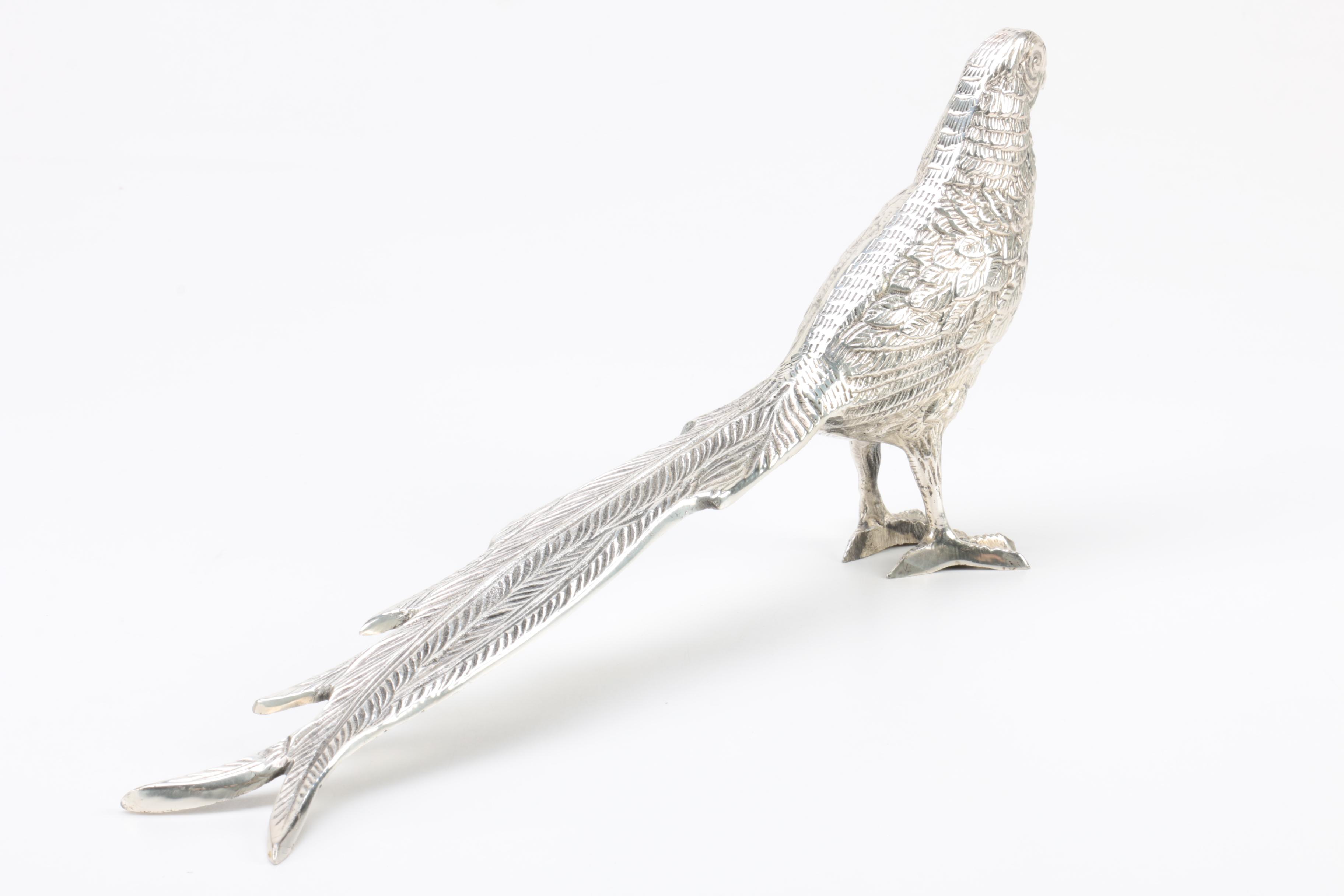 Pair of Lacquered Silver Tone Pheasant Figurines