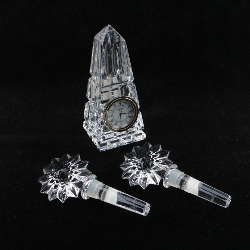 Waterford Crystal "Star of Erin" Wine Bottle Stoppers and Obelisk Mantel Clock