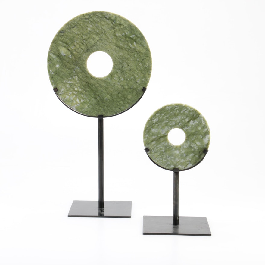Pair of Contemporary Dyed Soapstone Bi Disks on a Rod Stand
