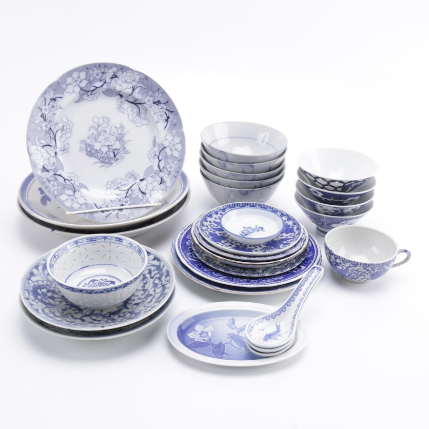 Blue and White Floral Ceramic Plates and Bowls