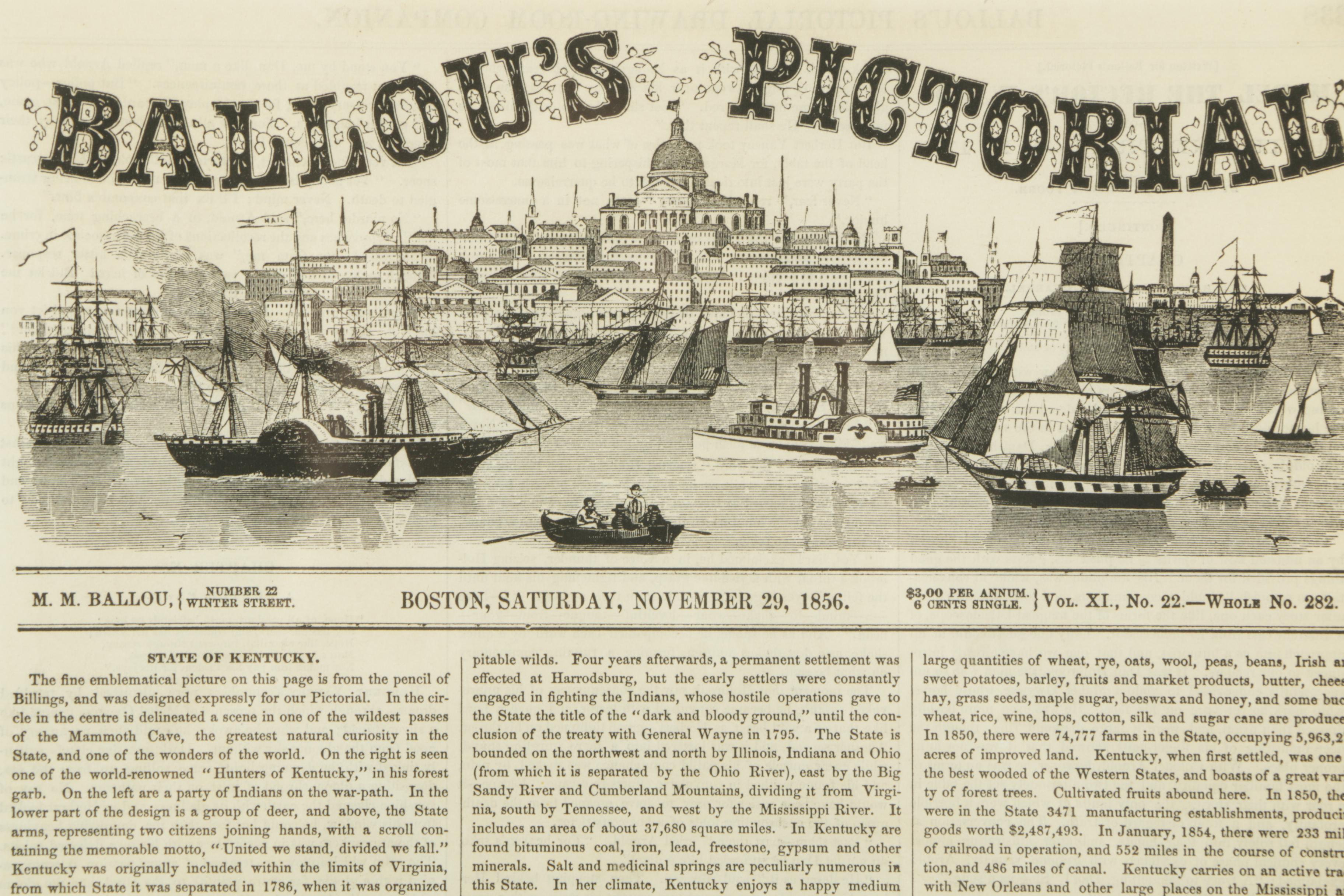 Hand-Tinted 1856 Lithograph Page "State of Kentucky" from "Ballou's Pictorial"