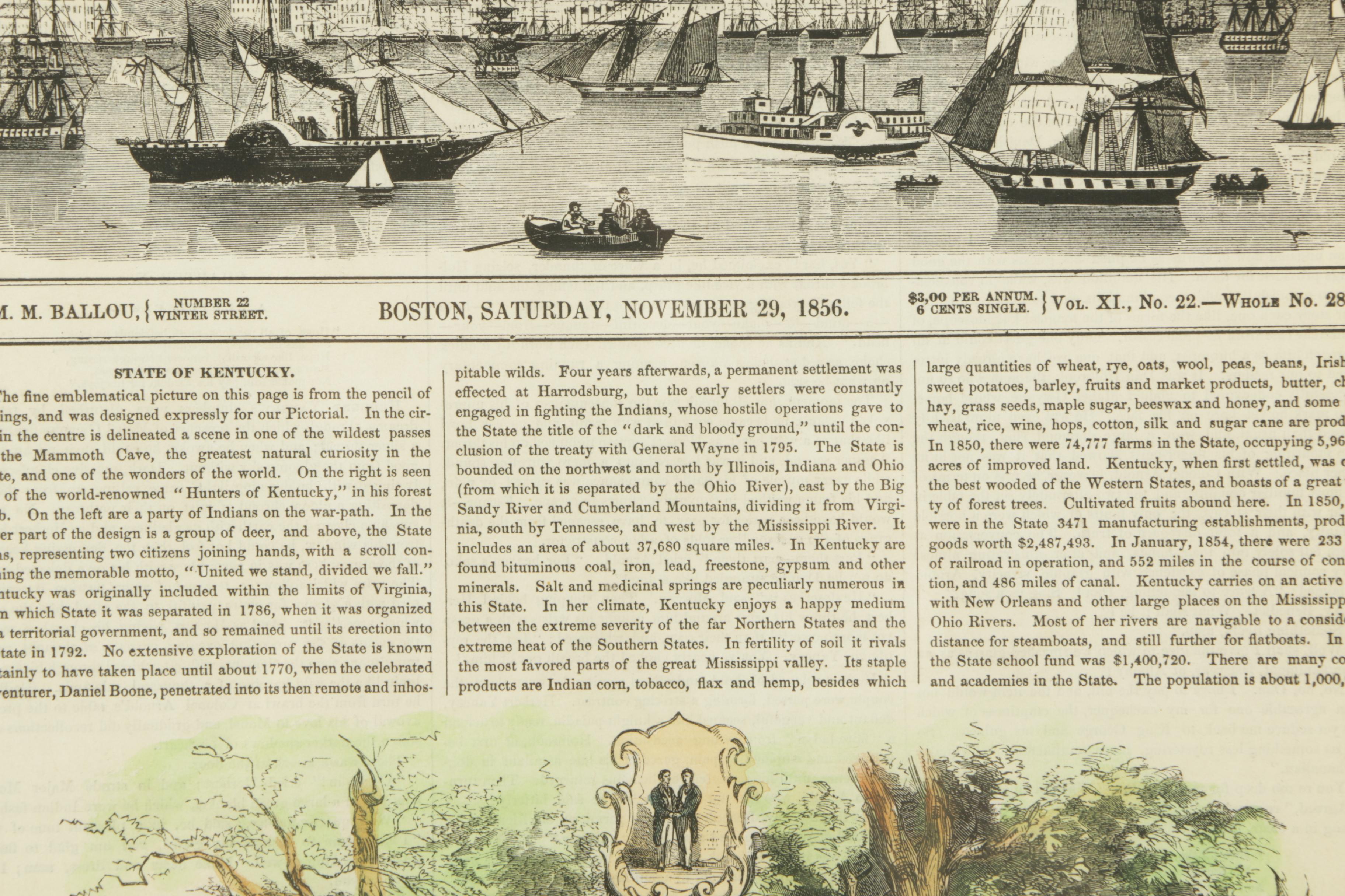 Hand-Tinted 1856 Lithograph Page "State of Kentucky" from "Ballou's Pictorial"