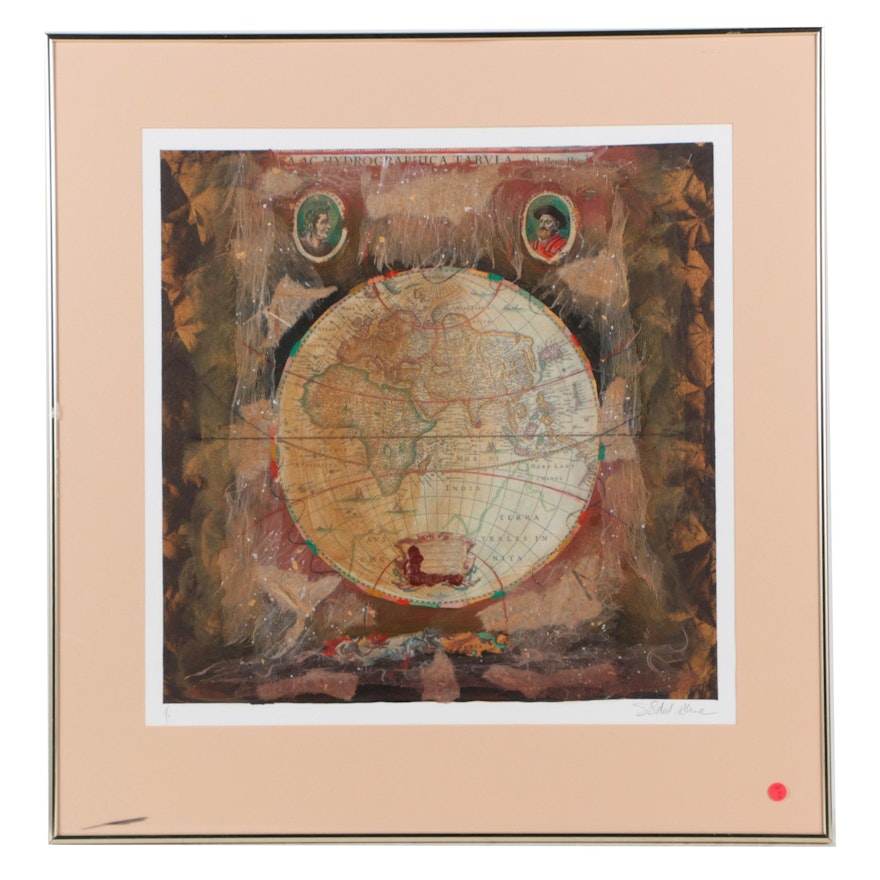 Limited Edition Mixed Media Print on Paper with Globe Imagery