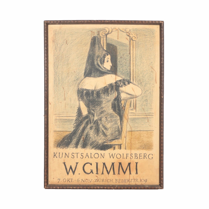 Wilhelm Gimmi Lithograph Poster Mounted to Masonite for Kunstsalon Wolfsberg in Zürich
