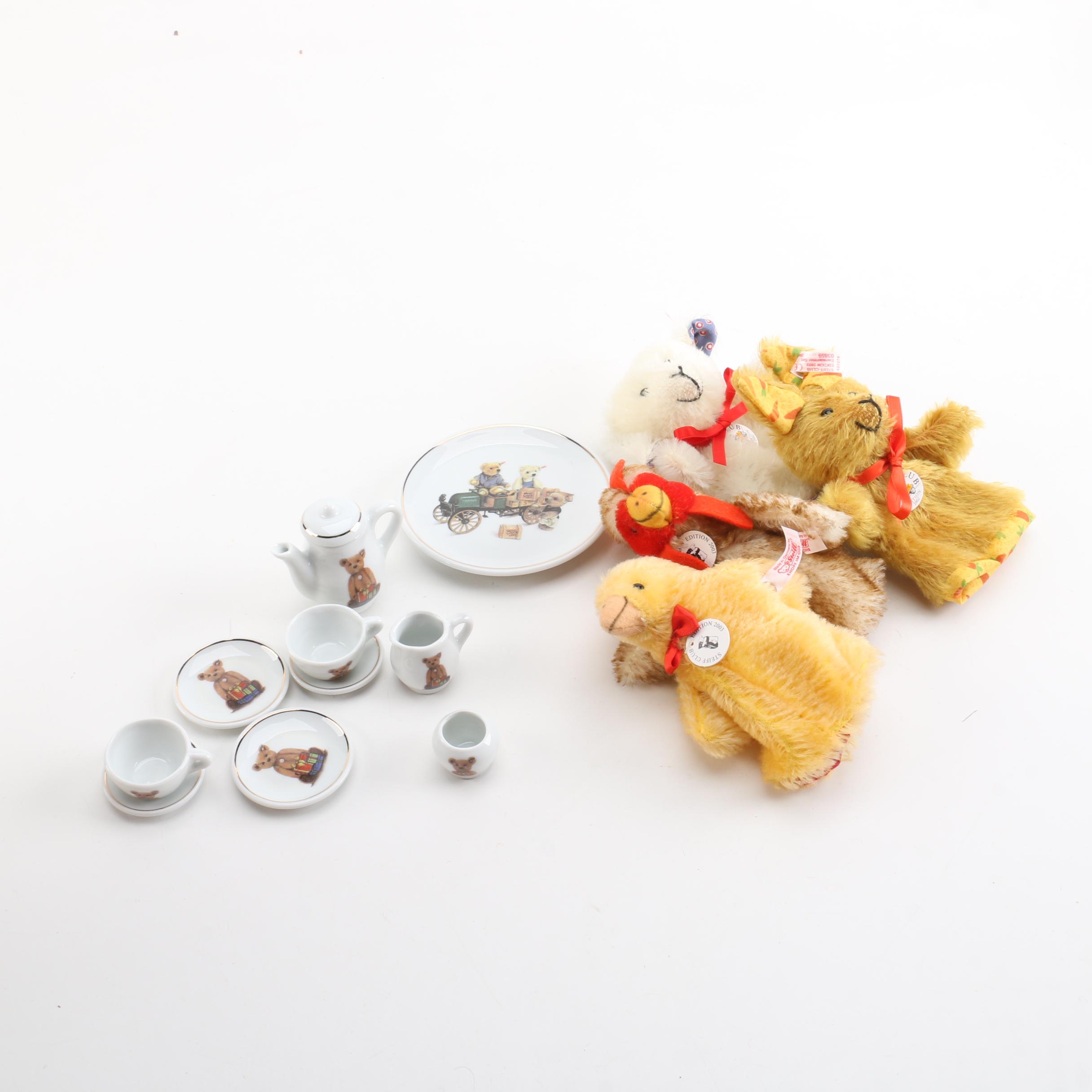 Steiff Mohair Hand Puppets, Wall Plate, and Miniature Tea Set