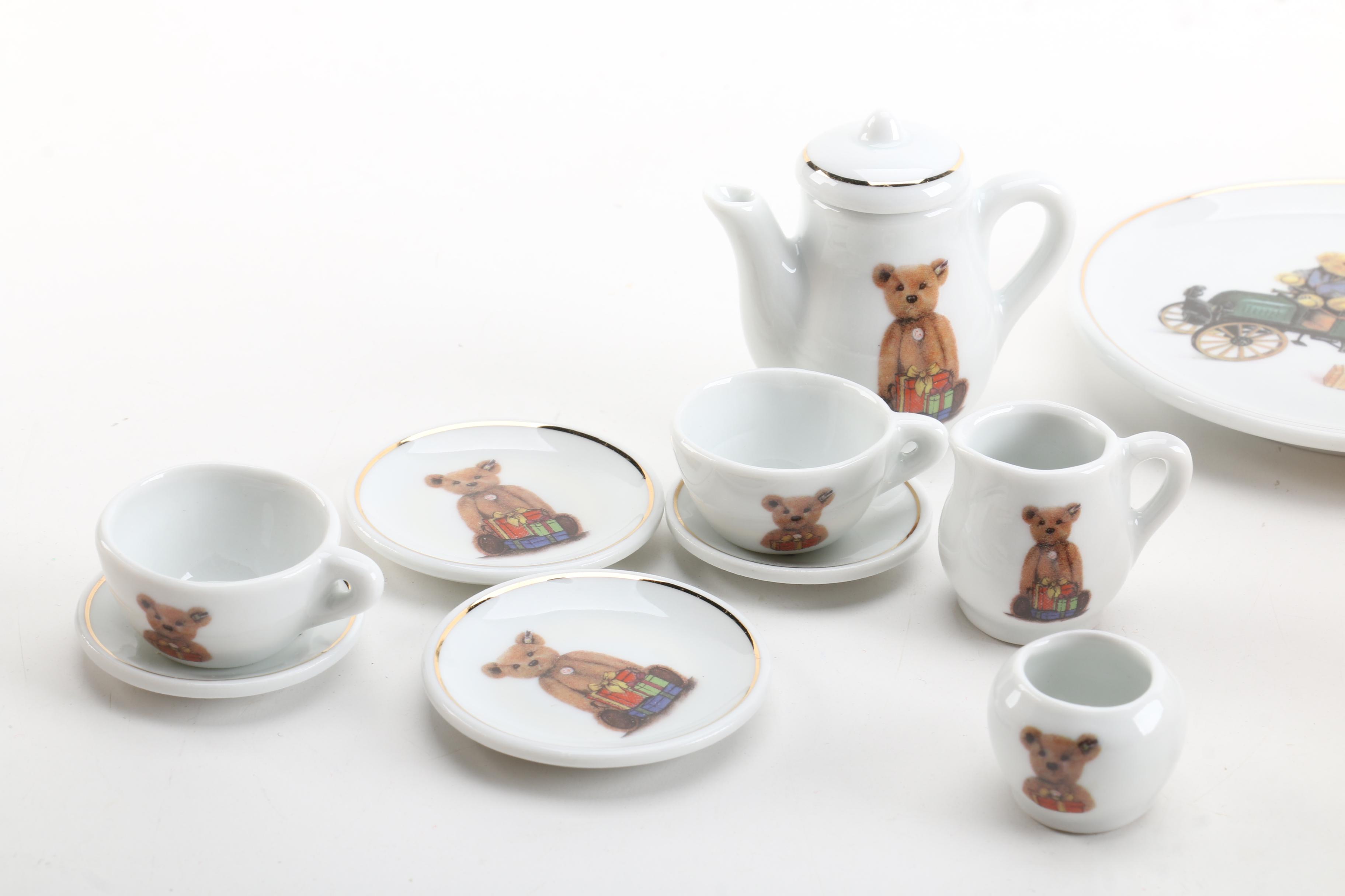 Steiff Mohair Hand Puppets, Wall Plate, and Miniature Tea Set
