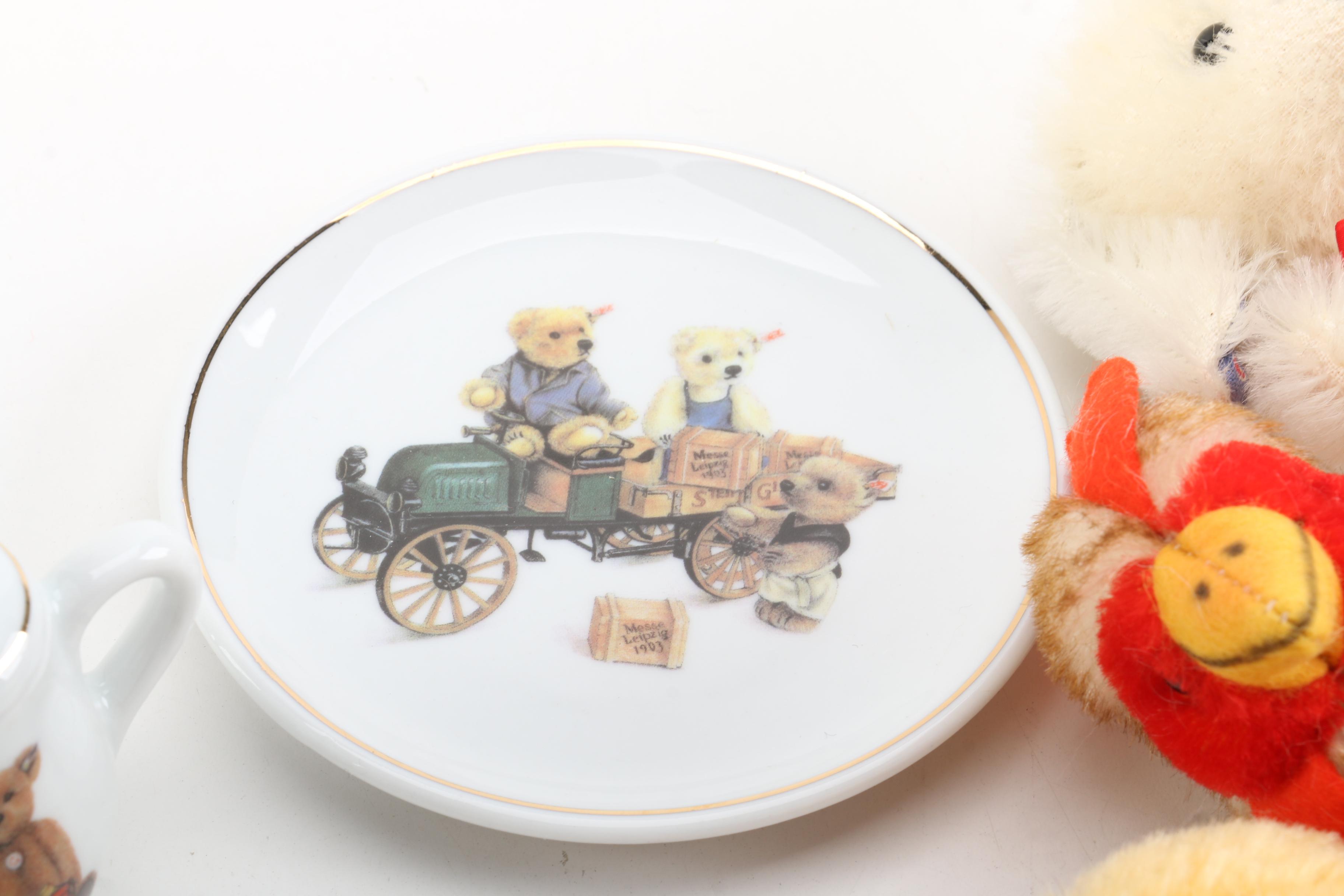 Steiff Mohair Hand Puppets, Wall Plate, and Miniature Tea Set