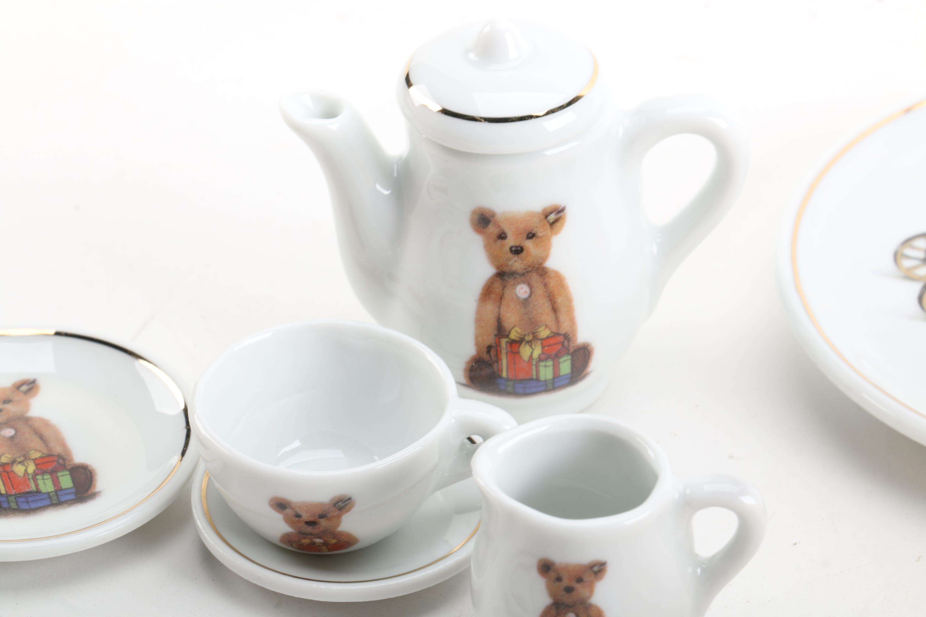 Steiff Mohair Hand Puppets, Wall Plate, and Miniature Tea Set